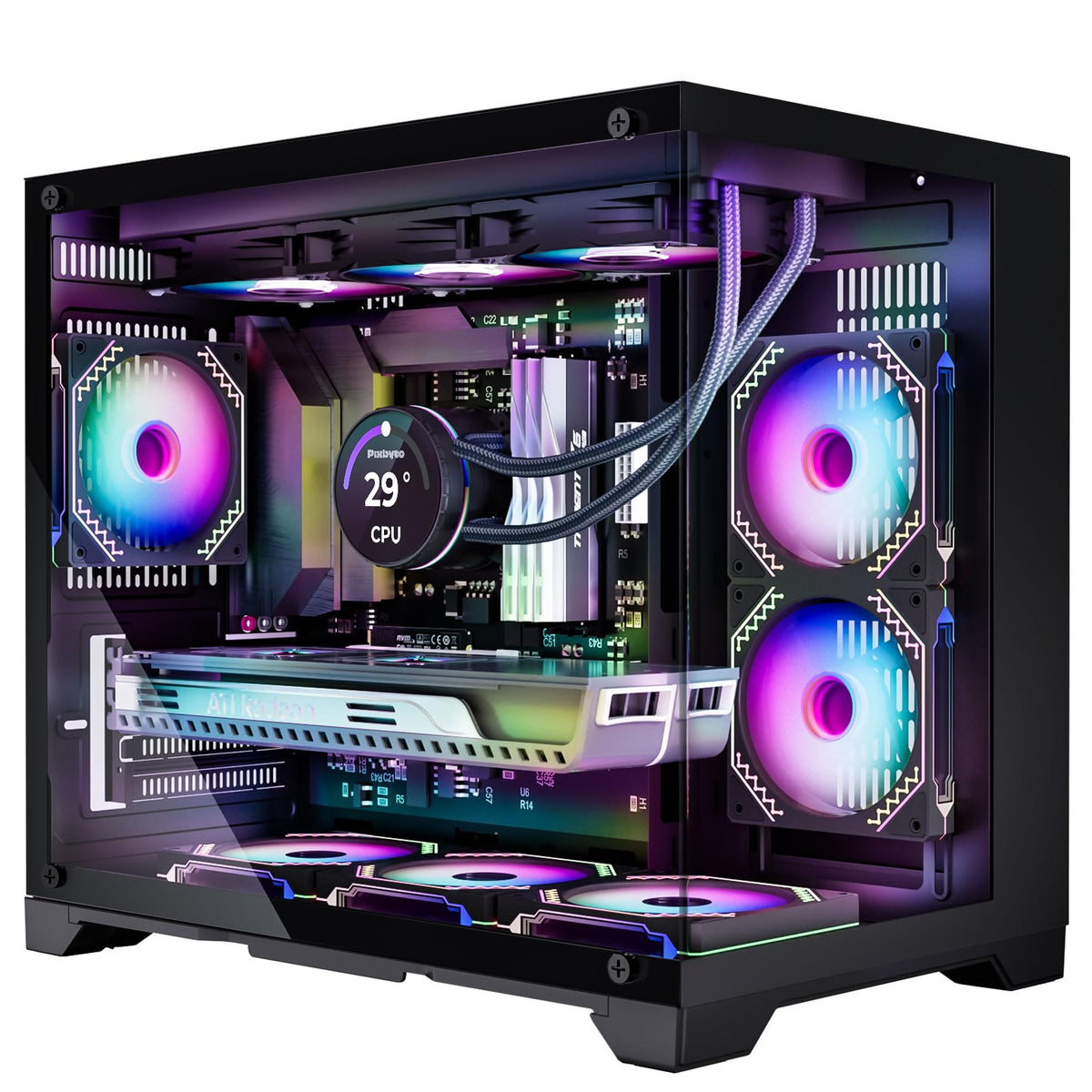 Pixbyto Matx Pc Case With 6 Argb Fans Pre Installed, Panoramic Tempered Glass, Mid Tower Micro Atx Gaming Pc Case With Type C &