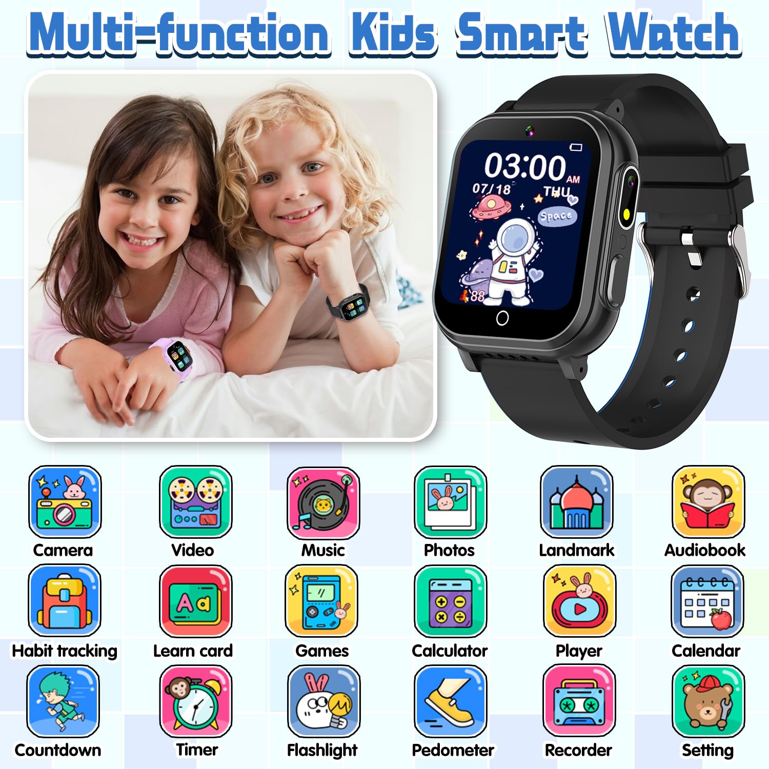Kids Waterproof Smart Watch Gift For Boys Ages 3-12, 32 Puzzle Games, Hd Touchscreen, Dual Camera, Vedio Pedometer Music Player,