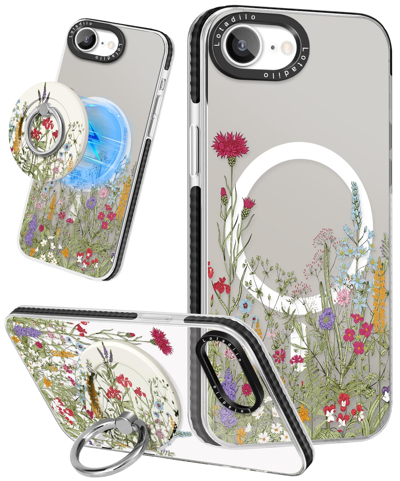 Lotadilo Cute Case for iPhone 16e for Women Girls - Funny Wild Floral Design Compatible with Magsafe Magnetic Ring Holder Kickst