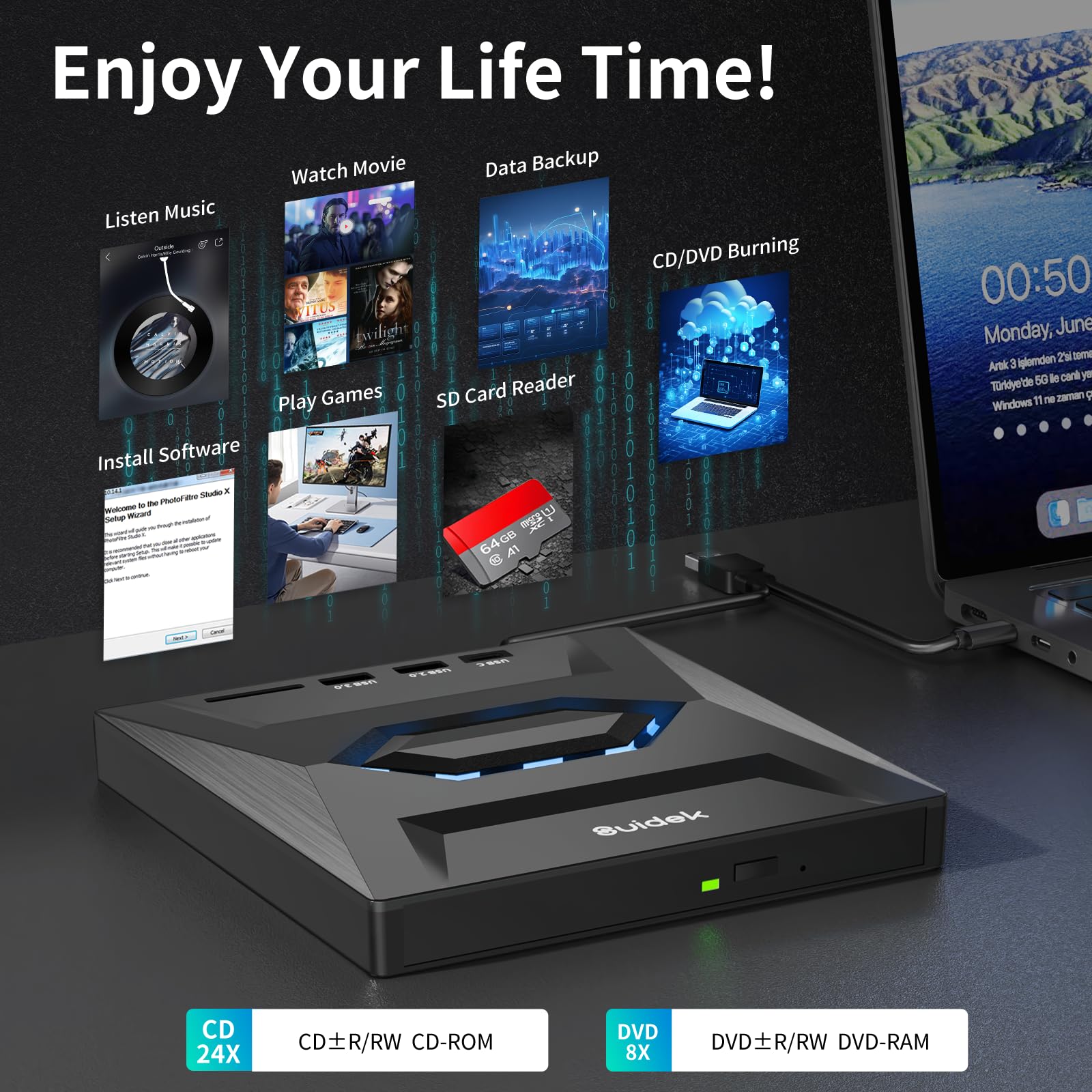 Suidek External Cd Dvd Drive For Laptop, Usb C Portable Cd/Dvd +/ Rw Burner Dvd Player For Laptop With Sd Card Reader Usb 3.0 Ty