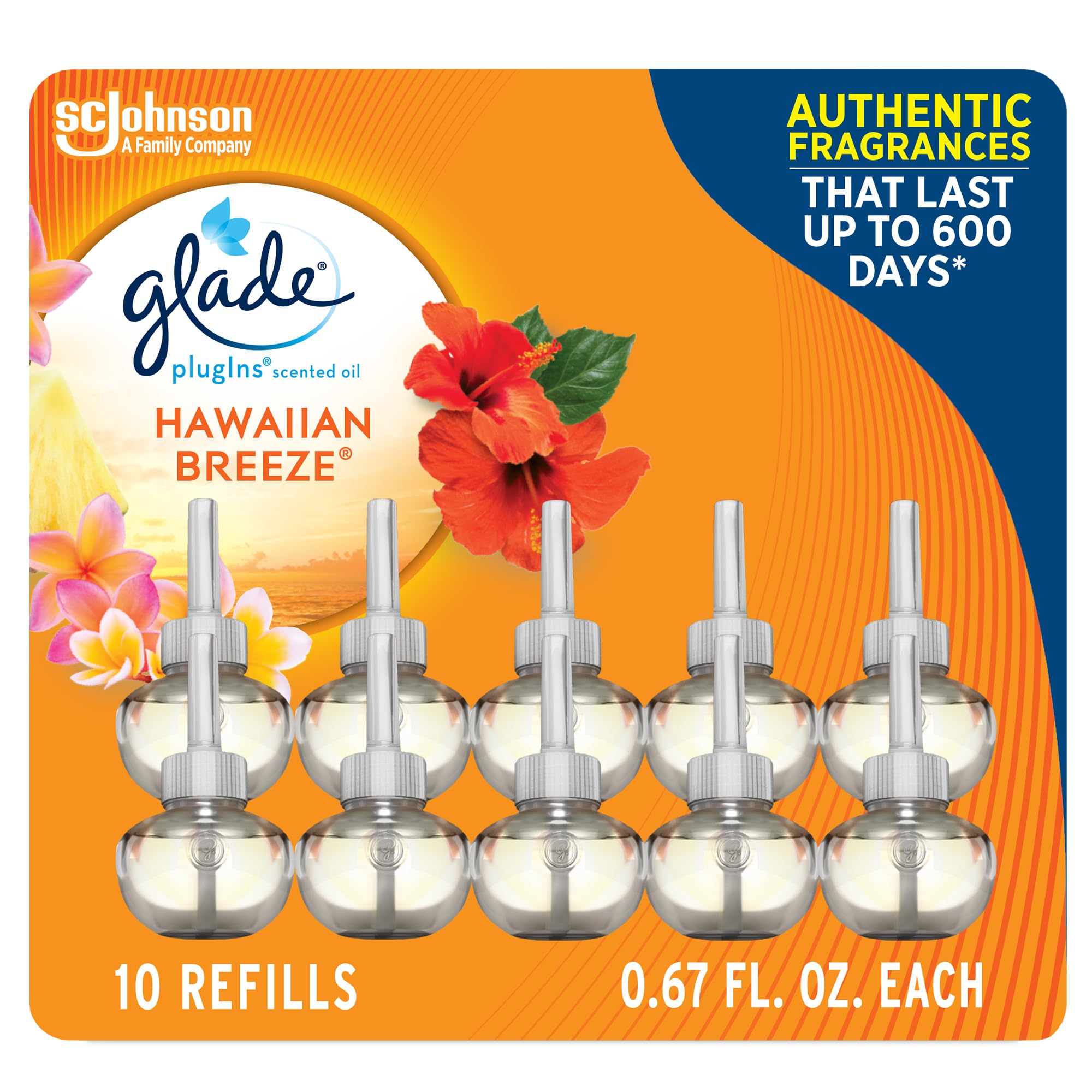 Glade Plugins Refills Air Freshener, Scented And Essential Oils For Home And Bathroom, Hawaiian Breeze, 6.7 Fl Oz, 10 Count (Pac