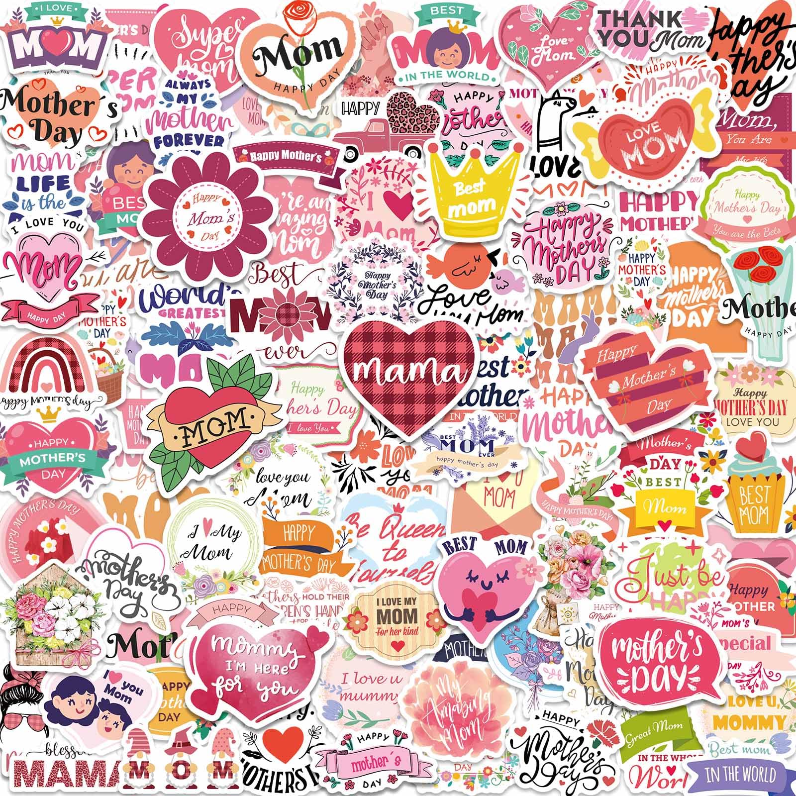 Igetooy 100 Pcs Mothers Day Stickers, I Love You Mom Stickers, Happy Mothers Day Sticker, Vinyl Decals For Gift Cards, Water Bot