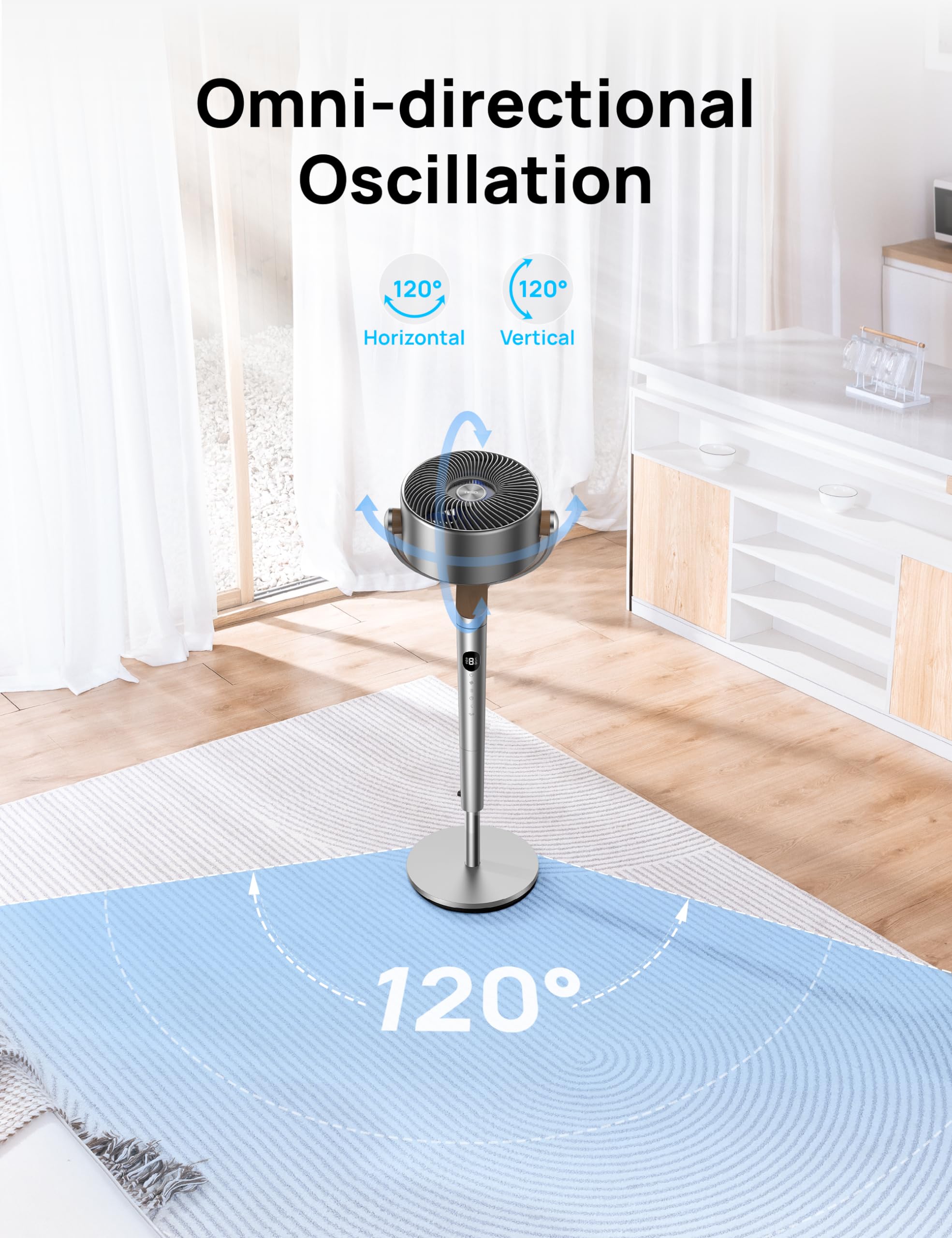 Dreo 40 Silver Standing Fan, Omni-Directional Oscillation, 8 Speeds, Remote, DC Motor, 8H Timer, Adjustable Height, Quiet Pedestal Fan