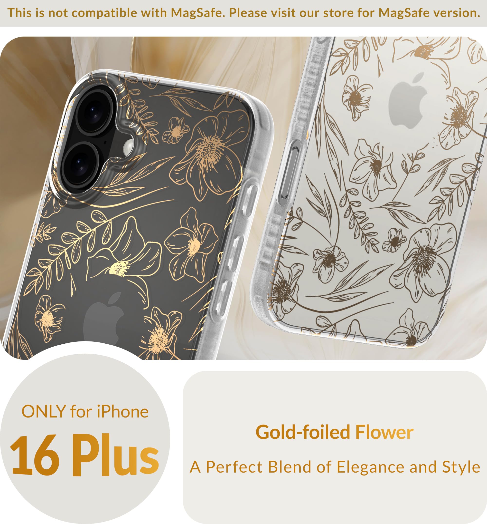 Lonli Hue   For Iphone 16 Plus Case   Gold Floral Phone Case   [360 Shock Absorbent Bumper]   Cute, Unique And Aesthetic Phone C