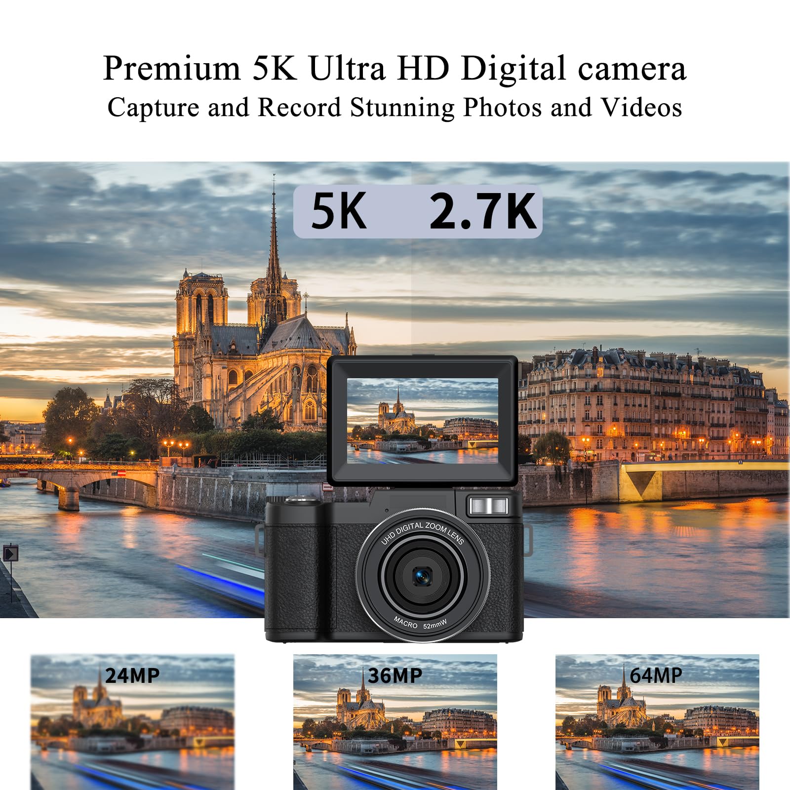 5K Digital Camera For Photography 64Mp Auto Focus Vlogging Camera For Youtube 3'' 180? Flip Screen Compact Travel 18X Digital Zo