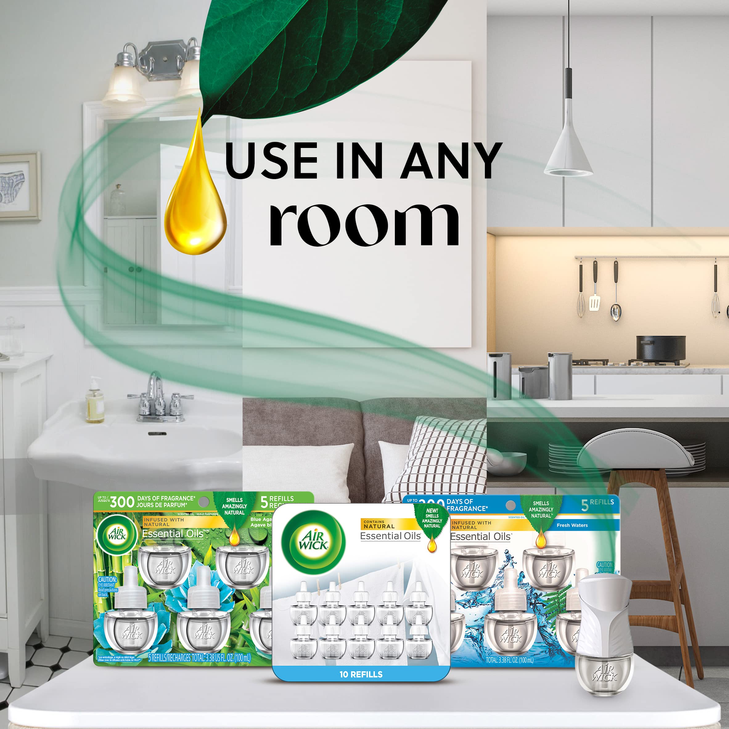 Air Wick Plug In Scented Oil Starter Kit (Gadget + 2 Refills), White Sage & Mahogany, Air Freshener, Essential Oils