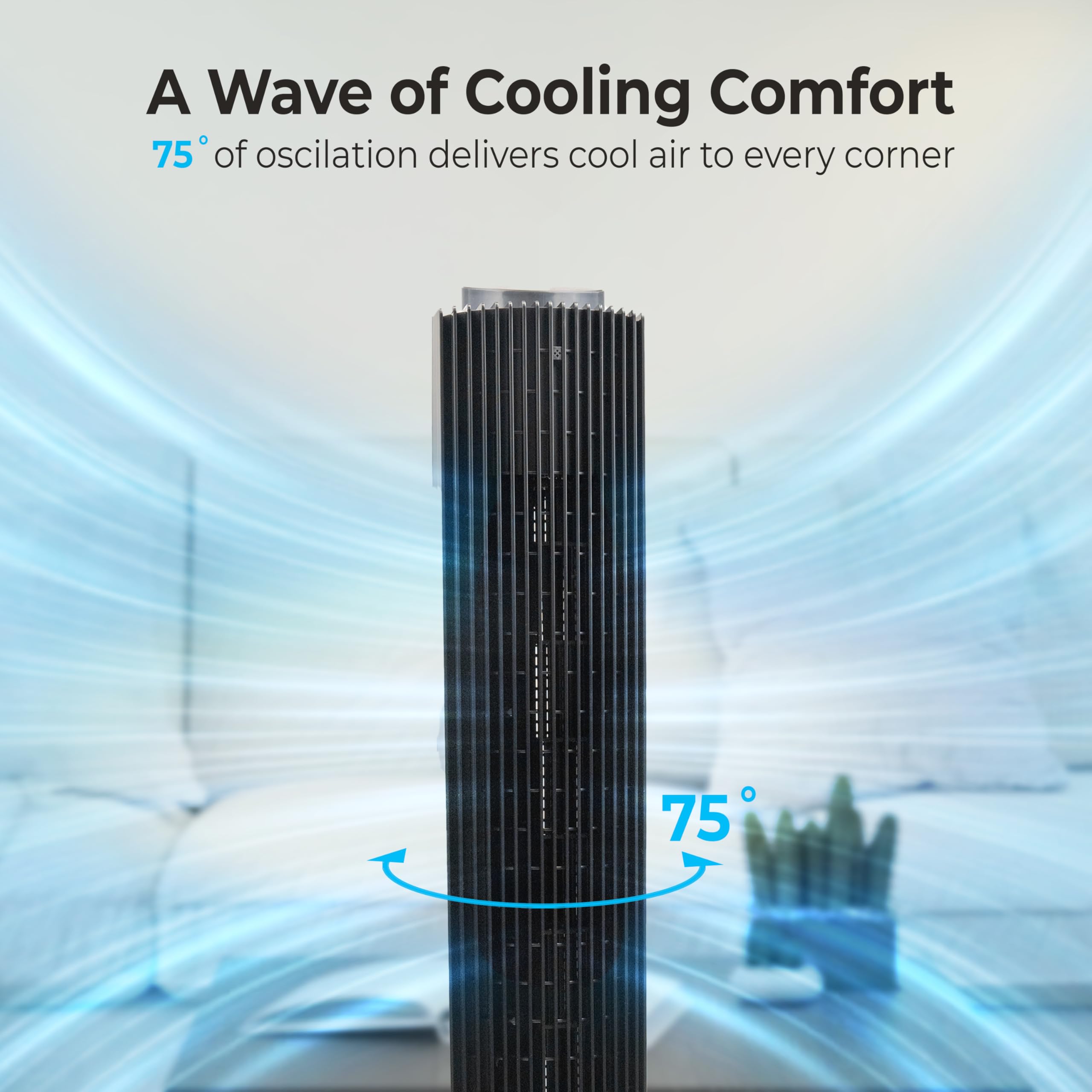 Comfort Zone Tower Fan For Bedroom, 42 Inch, 5 Speeds, 3 Modes, Oscillating Stand Fan With Remote, 12H Timer, Adjustable Base 36