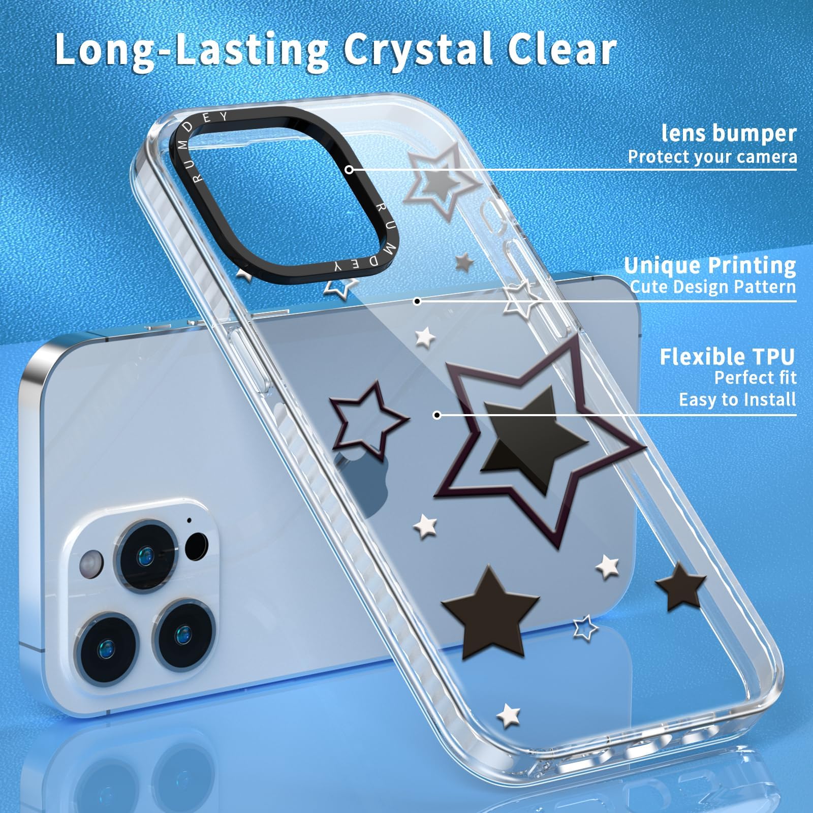 Rumdey 2 Pack Cute Stars Phone Case For Iphone 13 Pro, Soft Slim Fashion Protective Phone Cover For Women Girly, Shockproof Tpu