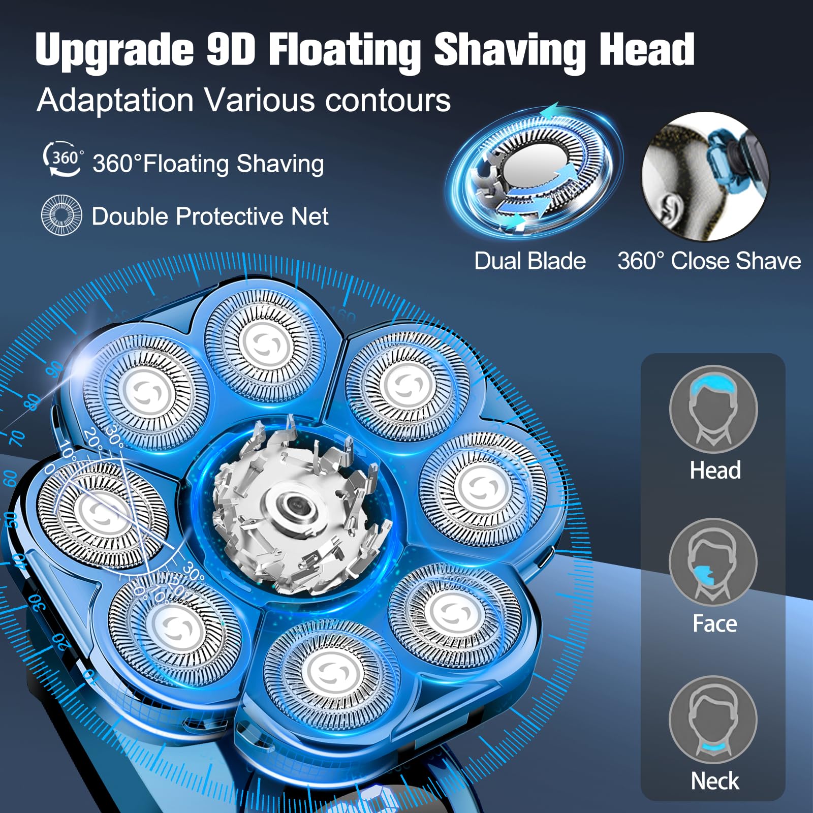 9D Electric Head Shaver For Bald Men, Upgraded 6 In 1 Head Shaver For Bald Men, Waterproof Wet/Dry Grooming Kit Electric Shaver