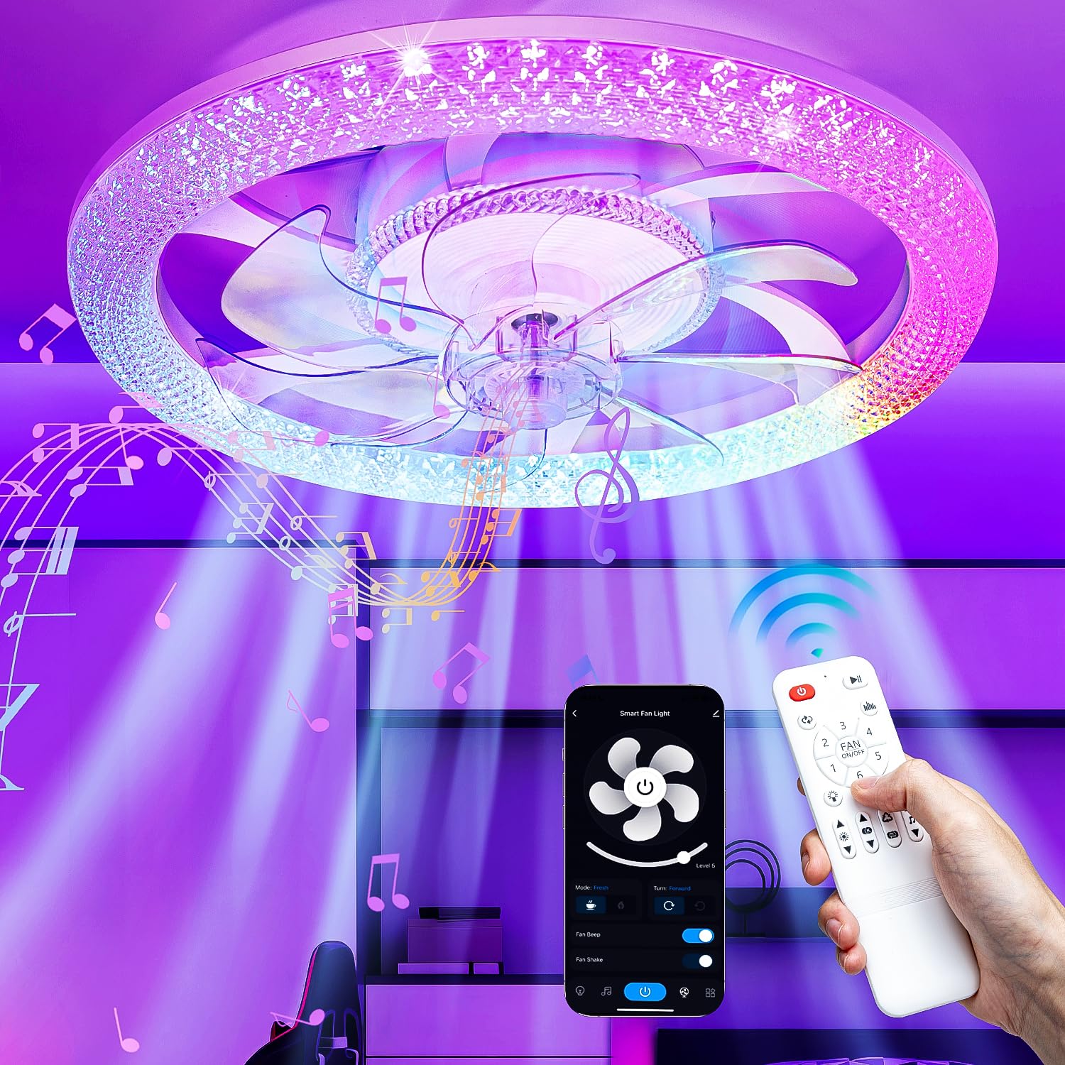 Vookea 2 In 1 Rgb Led 20    Ceiling Fans With Lights And Remote, 3000 6500K Dimmable Flush Mount Low Profile Ceiling Fan With Li