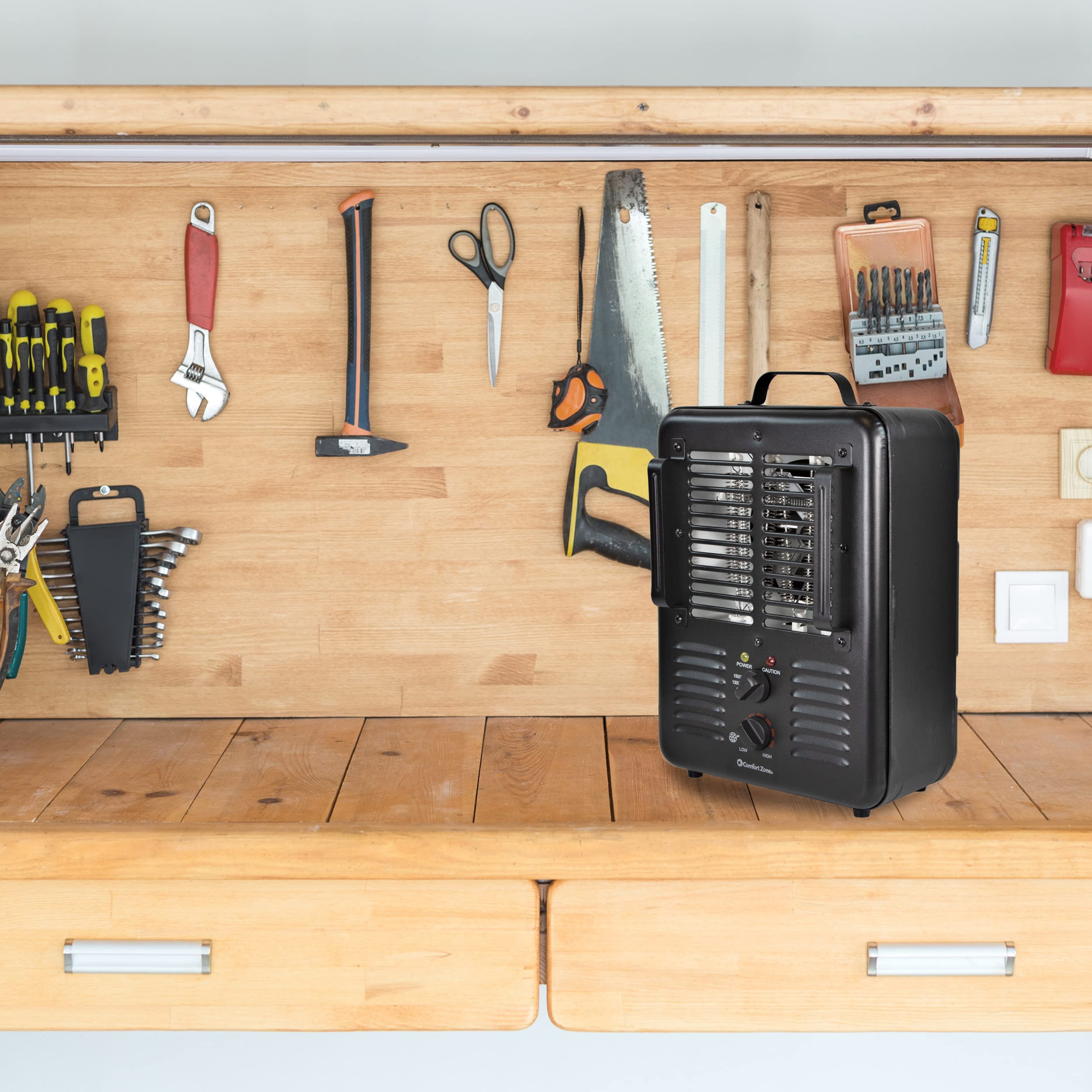 Comfort Zone Electric Portable Utility Space Heater With Adjustable Thermostat, Overheat Protection, & Tip Over Switch, 1500W, C