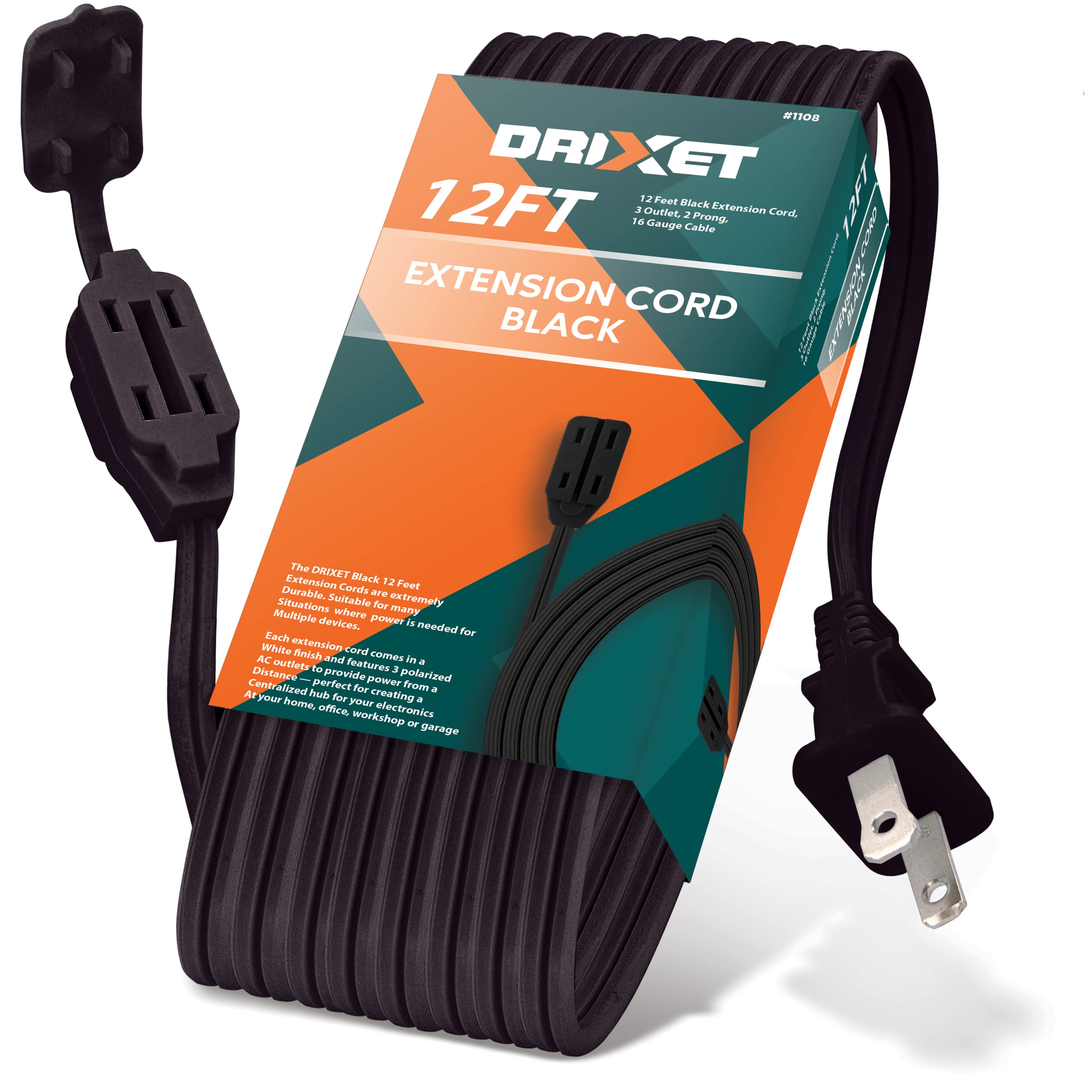 [Ul Listed] 12 Feet Black Extension Cord, 3 Outlet, 2 Prong, 16 Gauge Cable, 3 Receptacle Cube Tap, Indoor Use   By Revpex