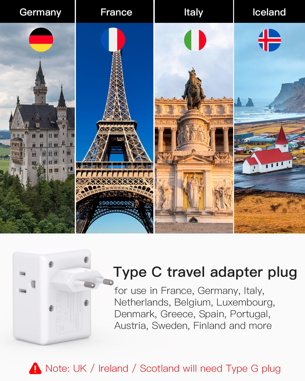 2 Pack European Travel Plug Adapter, International Power Plug Adapter With 3 Outlets 3 Usb Charging Ports(2 Usb C), Type C Plug