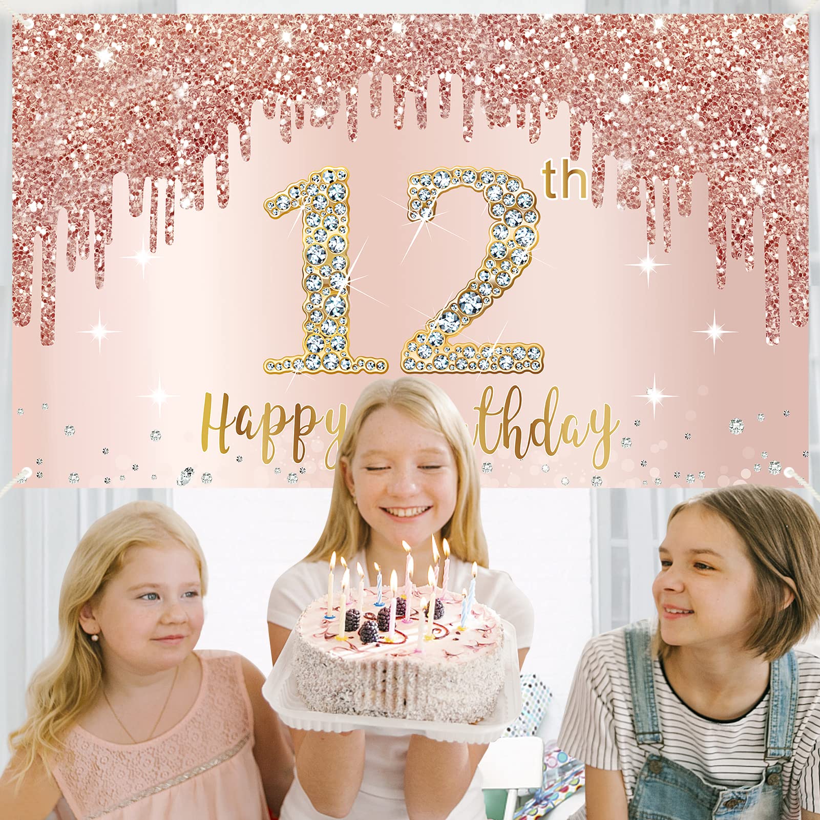 12Th Birthday Banner Decorations For Girls, Rose Gold Happy 12 Birthday Backdrop Party Supplies, Pink 12 Year Old Birthday Sign