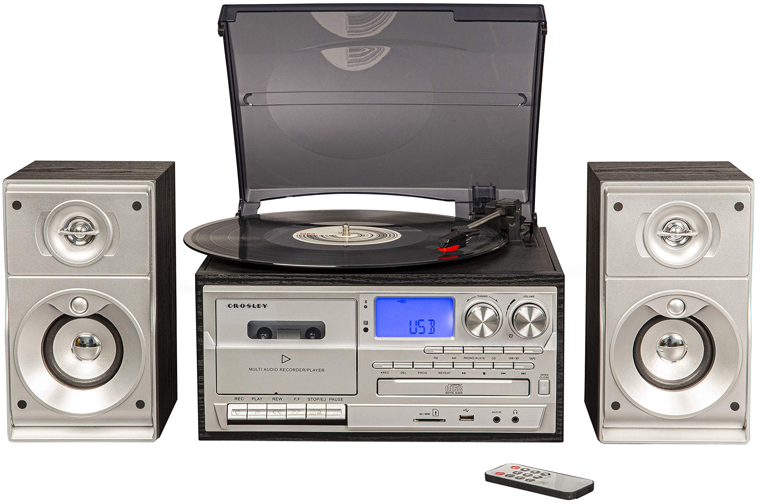 Crosley CR7014A-BK Eclipse 3-Speed Turntable with Bluetooth, AM/FM Radio, CD/Cassette Player, USB, SD Card Reader, Aux-in