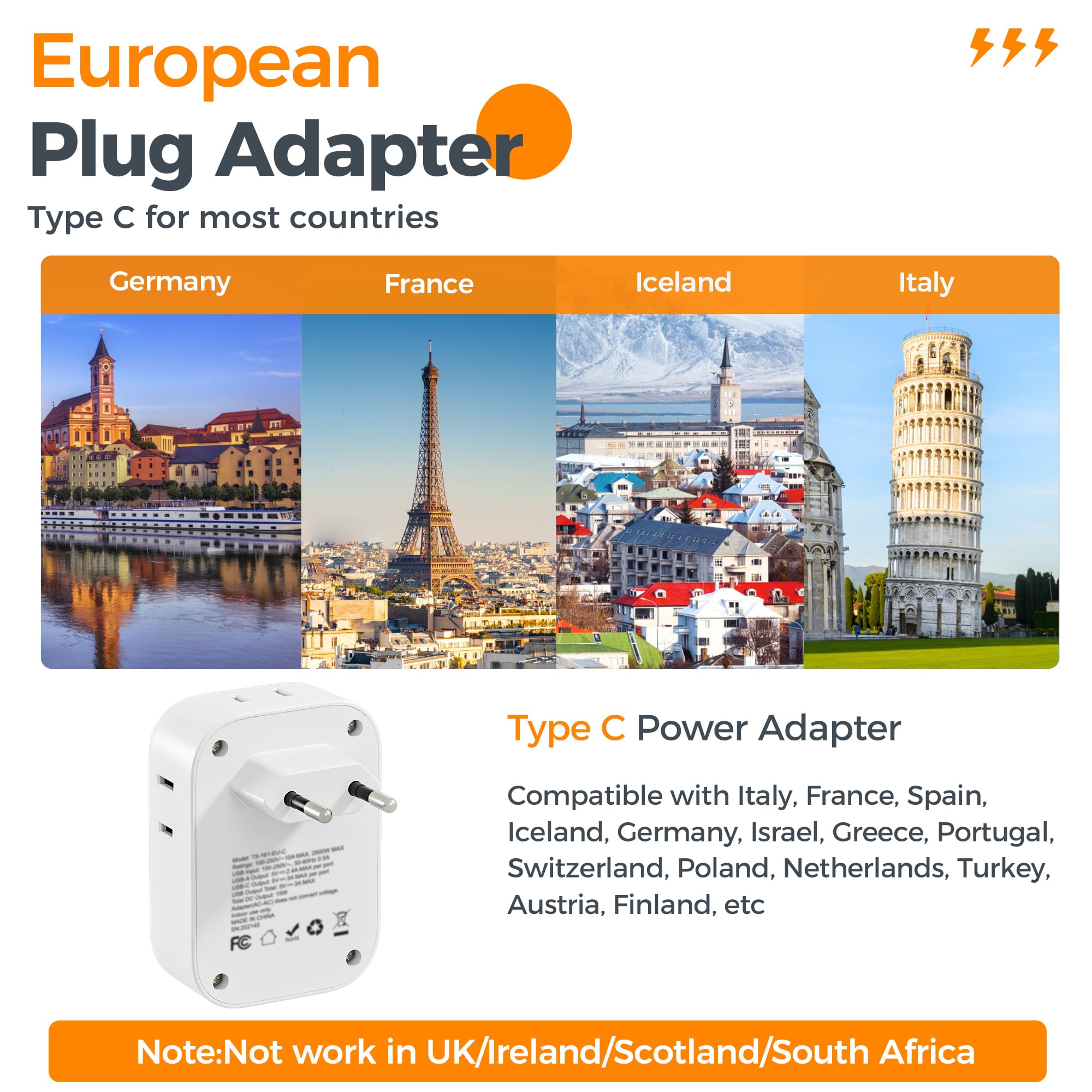 European Travel Plug Adapter, Tessan Usa To Europe Plug With 4 Outlets And 3 Usb Ports(1 Usb C), International Type C Power Adap