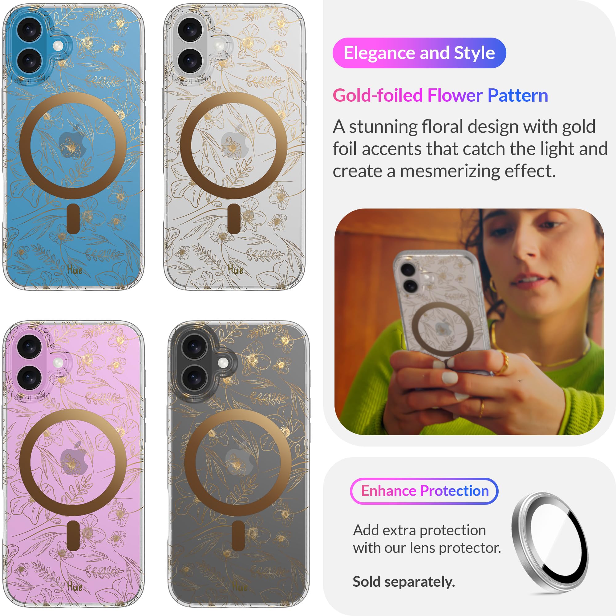 Lonli Hue   For Iphone 16 Plus Case [Compatible With Magsafe]   Gold Floral Phone Case   [360 Shock Absorbent Bumper]   Cute, Un