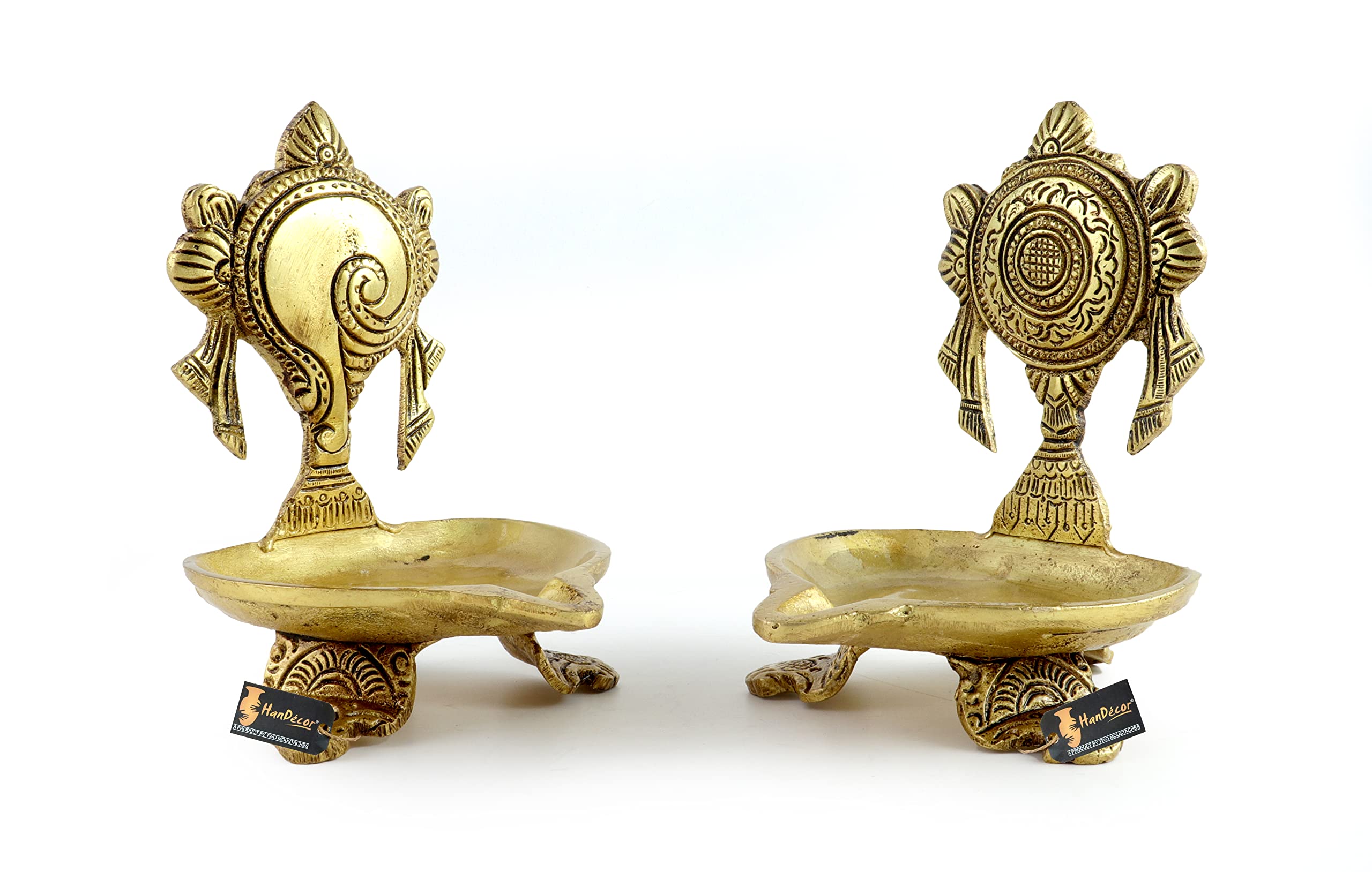 Two Moustaches Shankh Chakra 5 Inches Brass Diya Pair, Diyas for Decoration, Antique Yellow