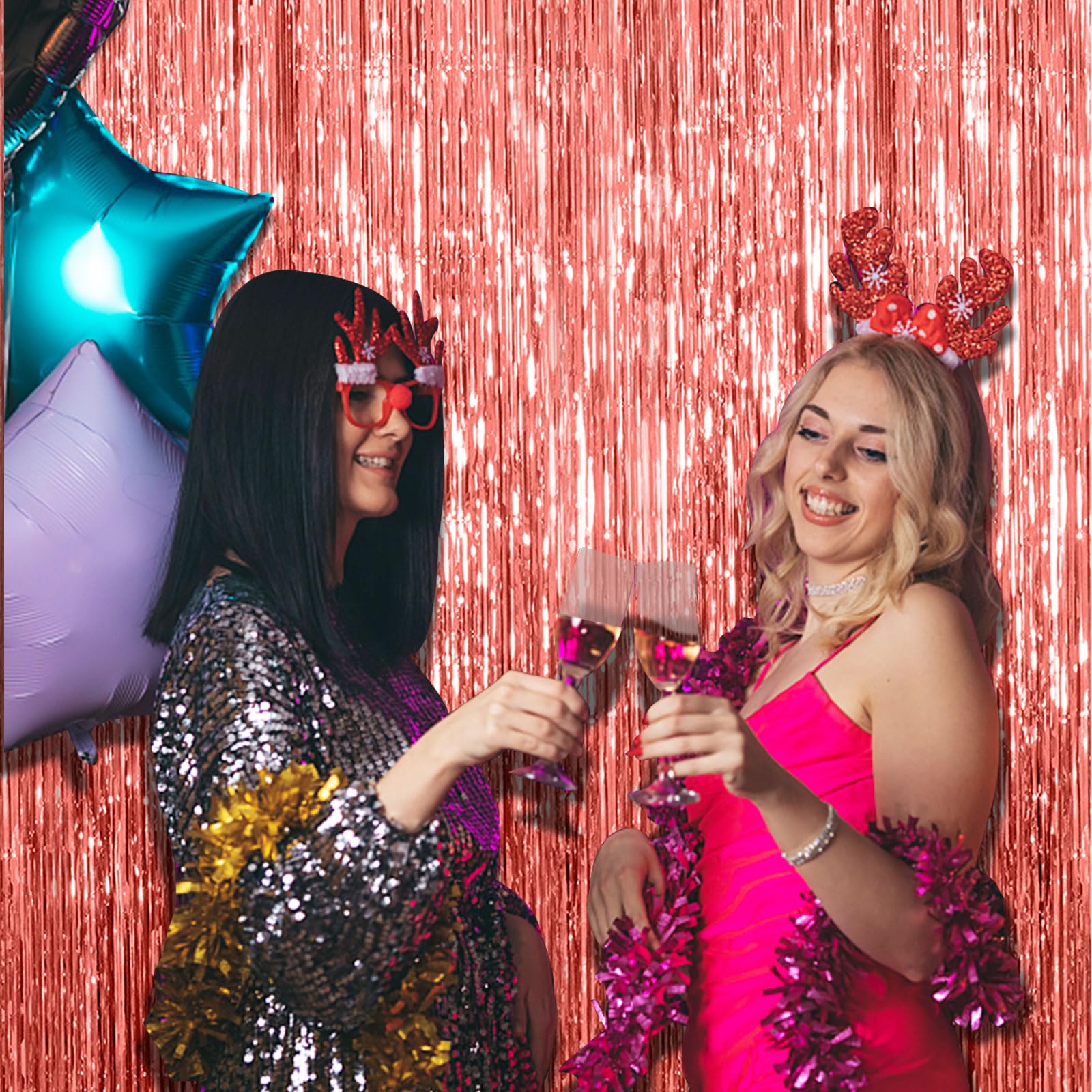 2 Pack Rose Gold Fringe Curtain Backdrop Birthday Bachelorette Party Decorations Metallic Tinsel Streamers Foil Backdrop Christm