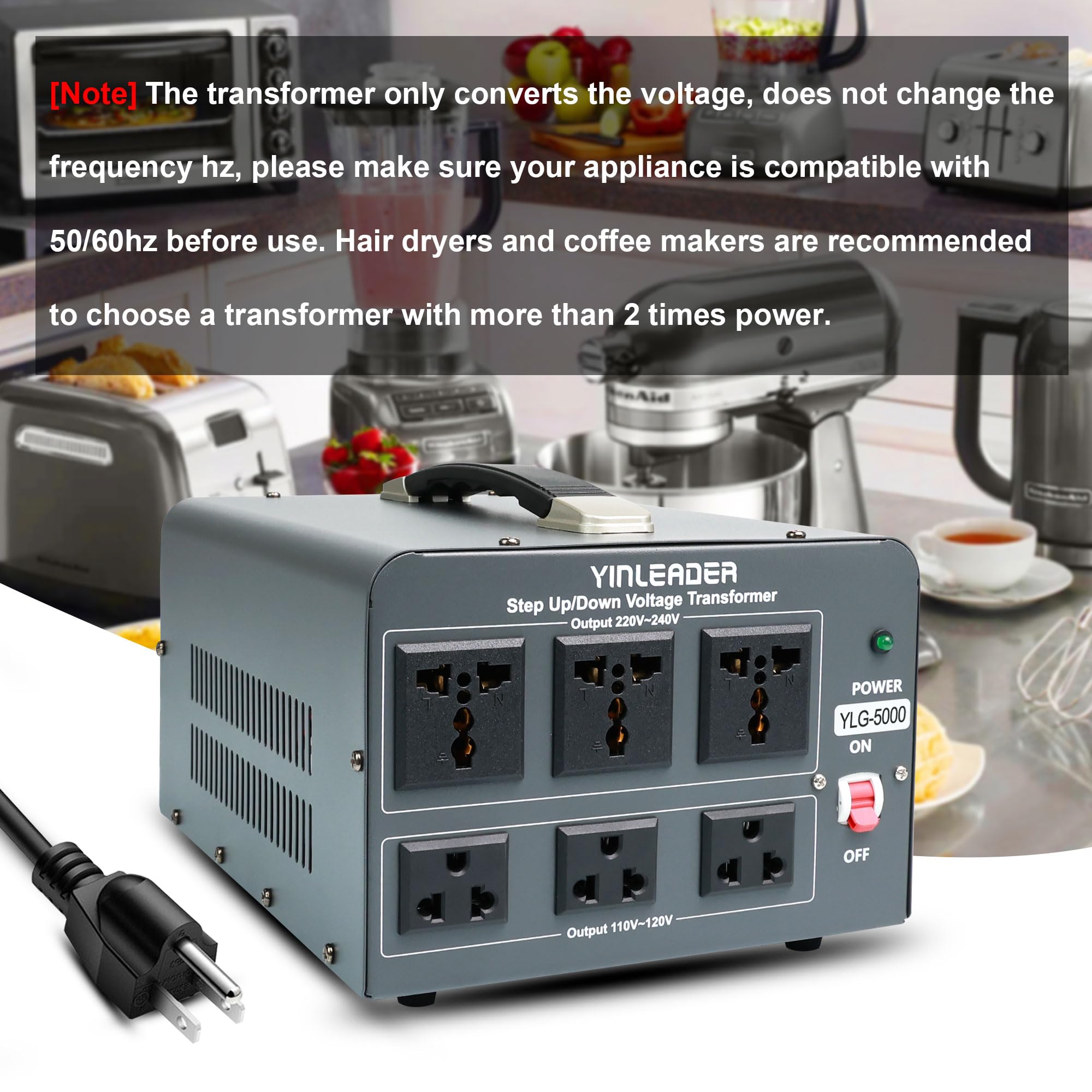 Yinleader 5000 Step Up/Down Transformer Converter 110/120 Volt   220/240 Volt W/Us Power Cord,Circuit Breaker Protection (Grey)