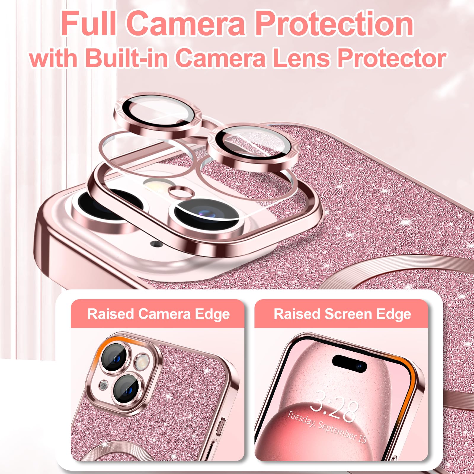 Hython For Iphone 15 Plus Case Glitter, Clear Magnetic Phone Cases With Camera Lens Protector [Compatible With Magsafe] Bling Sp