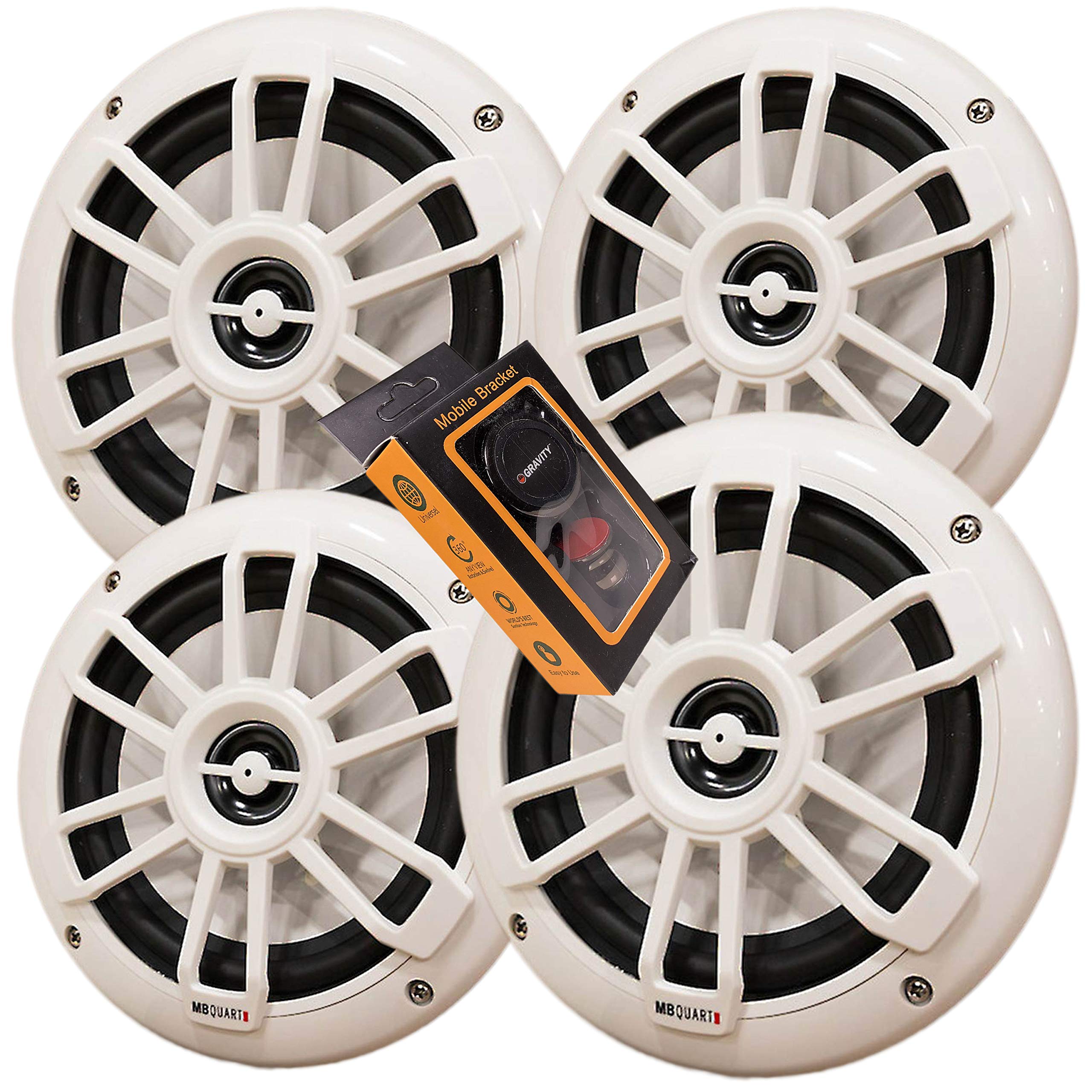 2 Pairs Of Mb Quart Nf1-116 Nautic Series 6-1/2'' Shallow-Mount Marine Speakers With White Grilles + Gravity Magnet Phone Holder