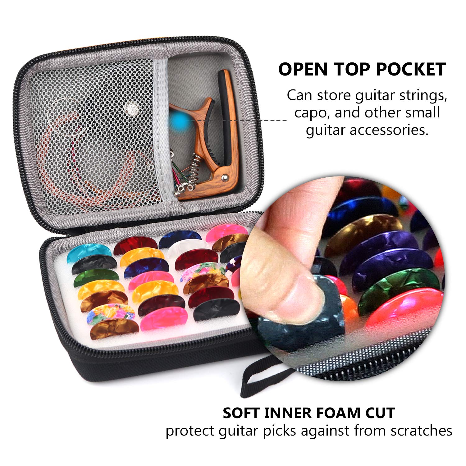 Plasmaller Guitar Pick Holder Case Bag Set, Included Upgrade Capo + Guitar Strings + 30Pcs Acoustic Electric Guitar Colorful Pic
