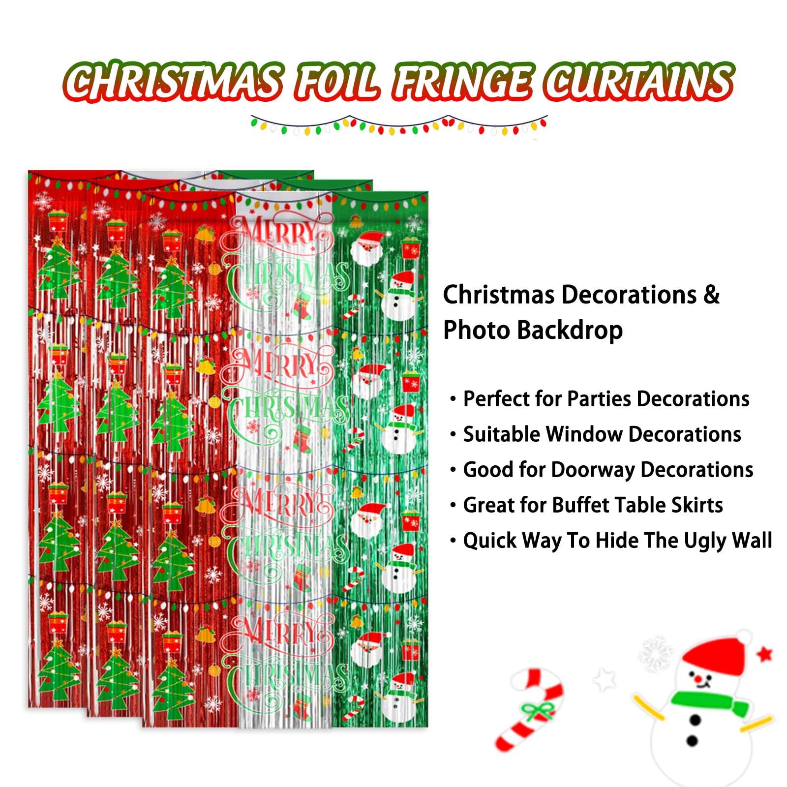 Avezano 3Pcs Christmas Party Decorations Merry Christmas Foil Fringe Curtains For Kids & Adults Selfie Picture Backdrop Holiday