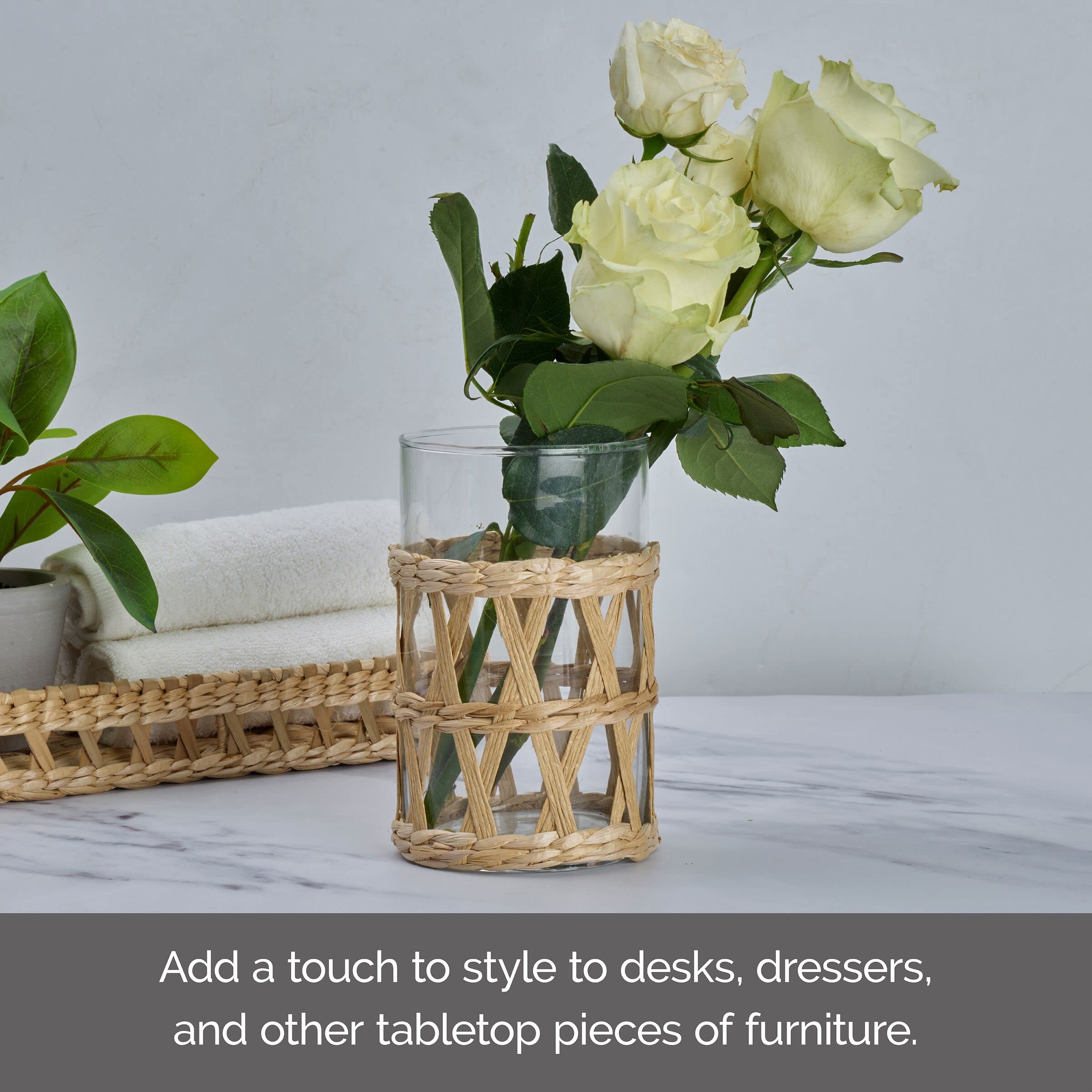 Elements 3.74X3.74X5.91 Inch Seagrass And Clear Glass Hurricane, For Use With Wax Or Flameless Candle