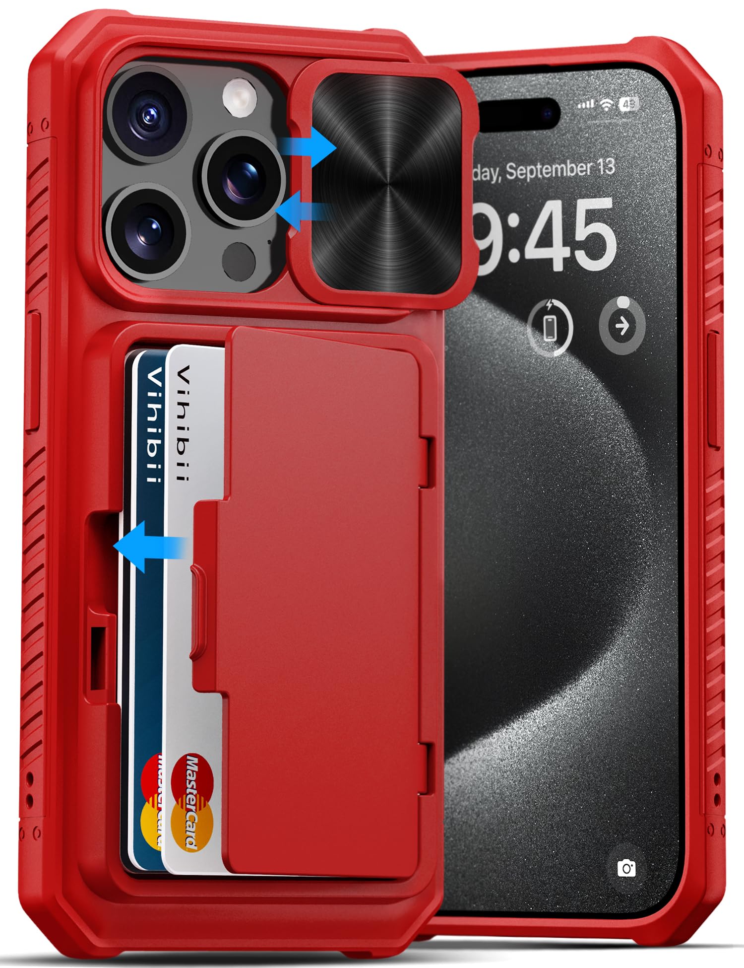 Vihibii For Iphone 15 Pro Wallet Case With Card Holder (4 Cards) & Slide Camera Cover & Kickstand & Raised Edges Protective Scre