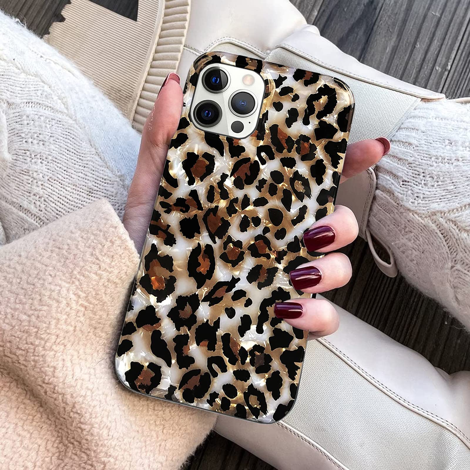 J.West Leopard Case Compatible With 12 Pro Max, Luxury Sparkle Cheetah Print Design Soft Silicone Phone Case Cover Girl Women Wi