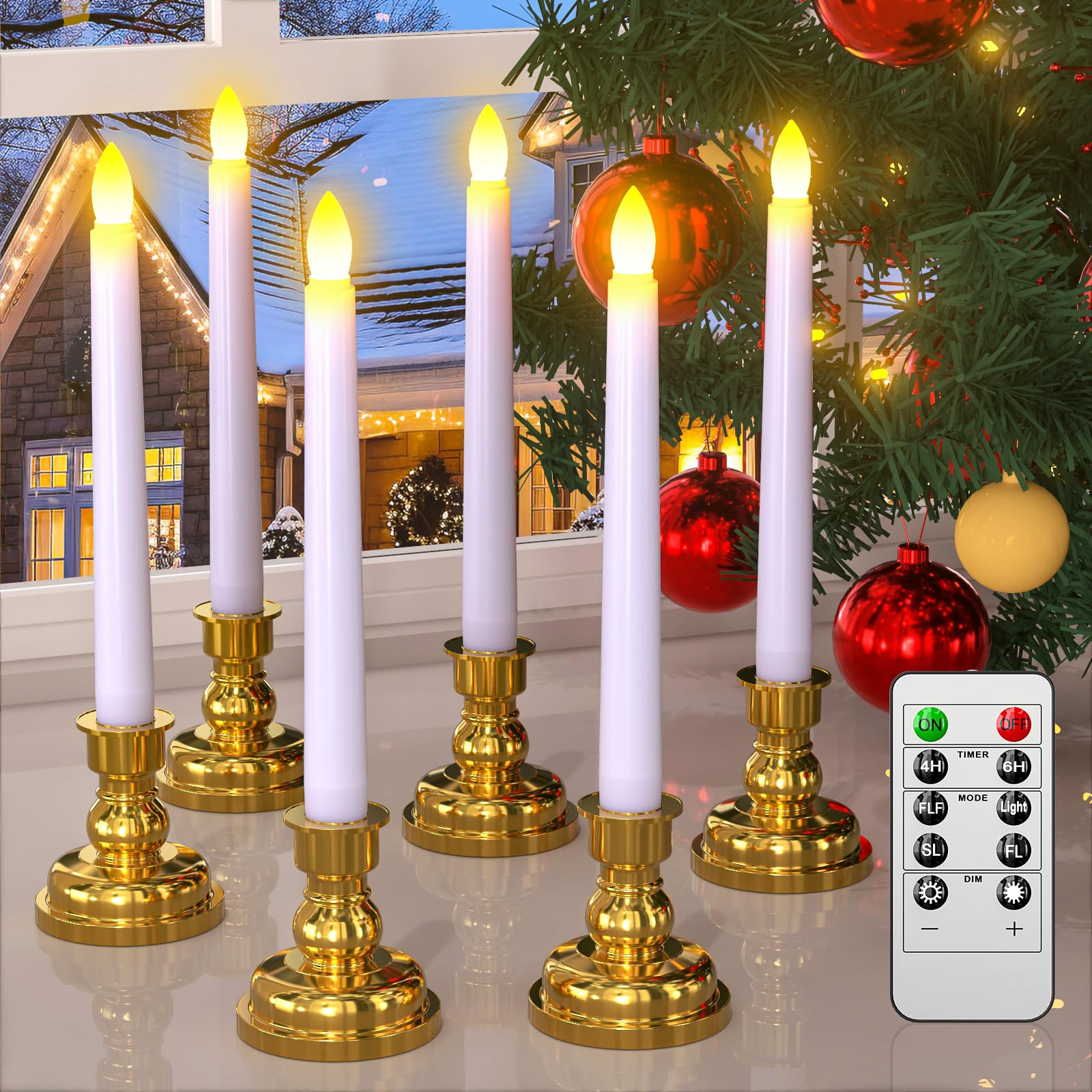 Pchero Window Candles With Remote Timer, 6 Packs 7.9'' Battery Operated Flameless Led Taper Candles Lights With Removable Gold C