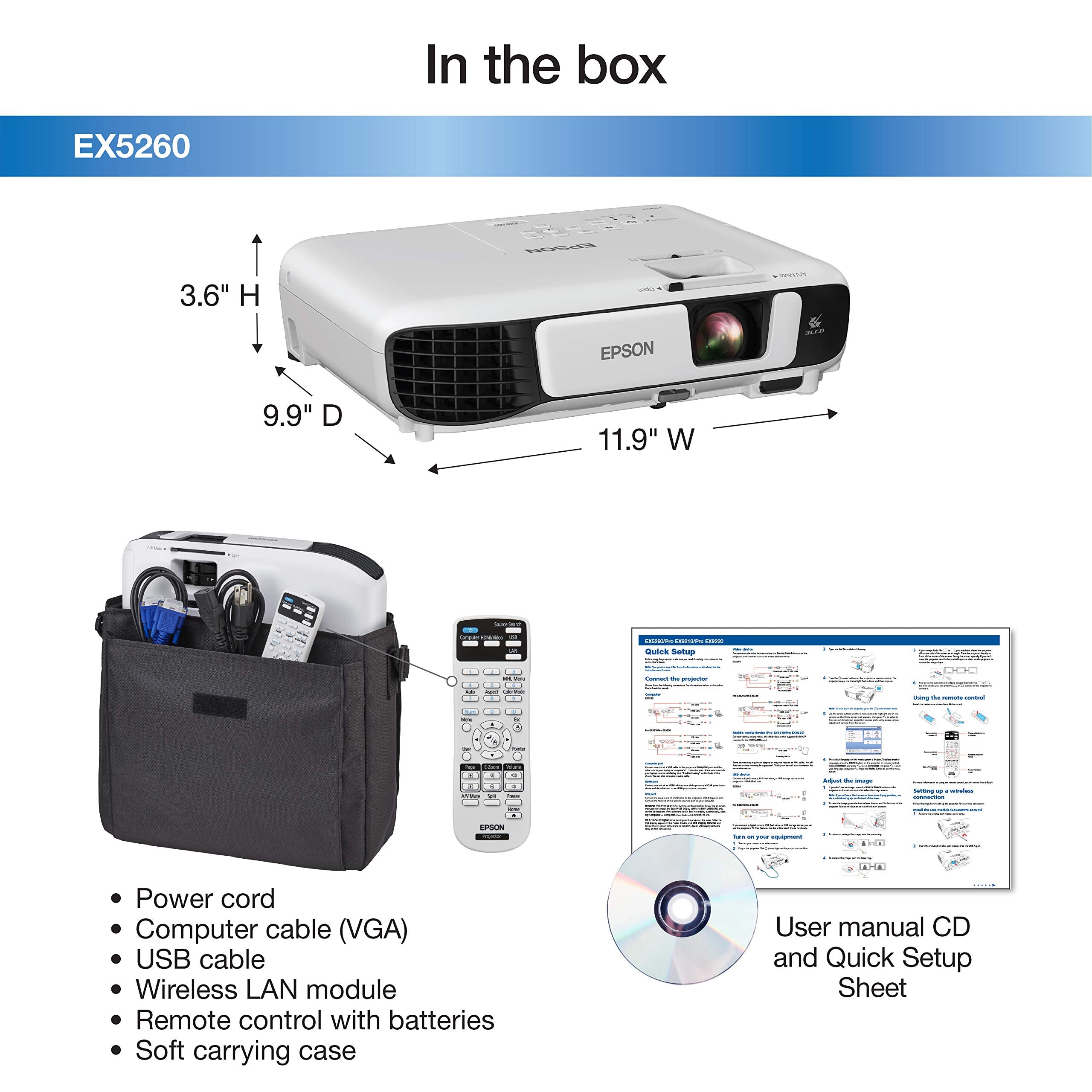 Epson EX5260 Wireless HDMI 3LCD Projector, 3600 Lumens, 3.6"H x 9.9"D x 11.9"W, White