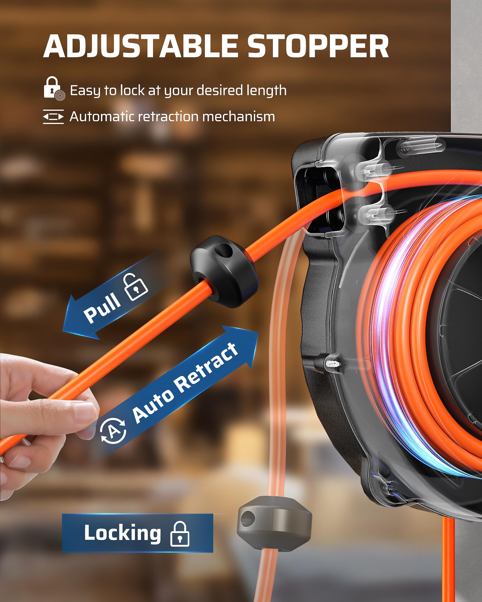 Dewenwils 30Ft Retractable Extension Cord Reel, 16/3C Sjtw Heavy Duty Power Cord, Lighted Triple Outlets, 10A Circuit Breaker, L