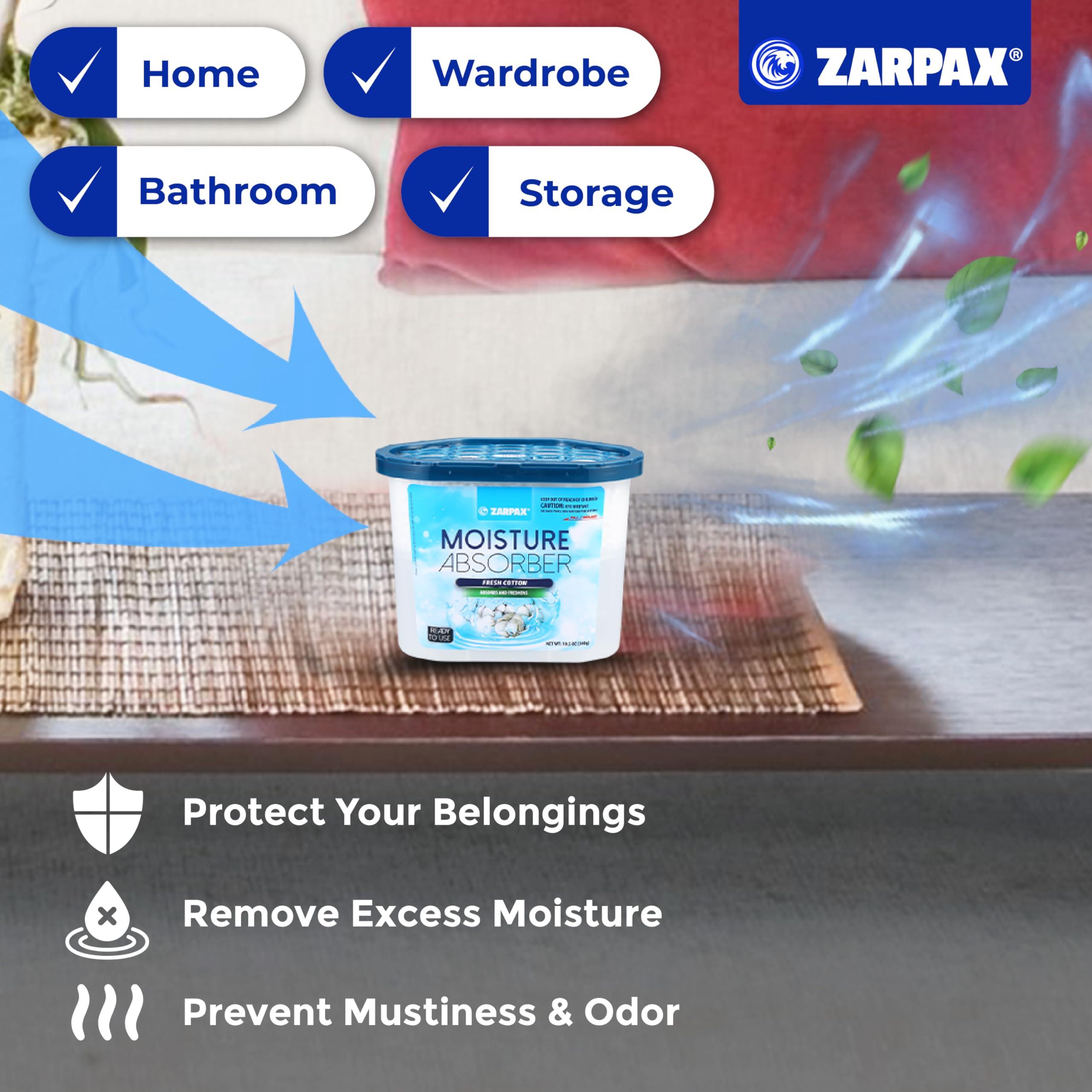 Zarpax Moisture Absorber Fresh Cotton 10.5 Oz/300G | Removes Moisture, Damp & Humidity | Odor Absorber With Fresh Cotton Fragran