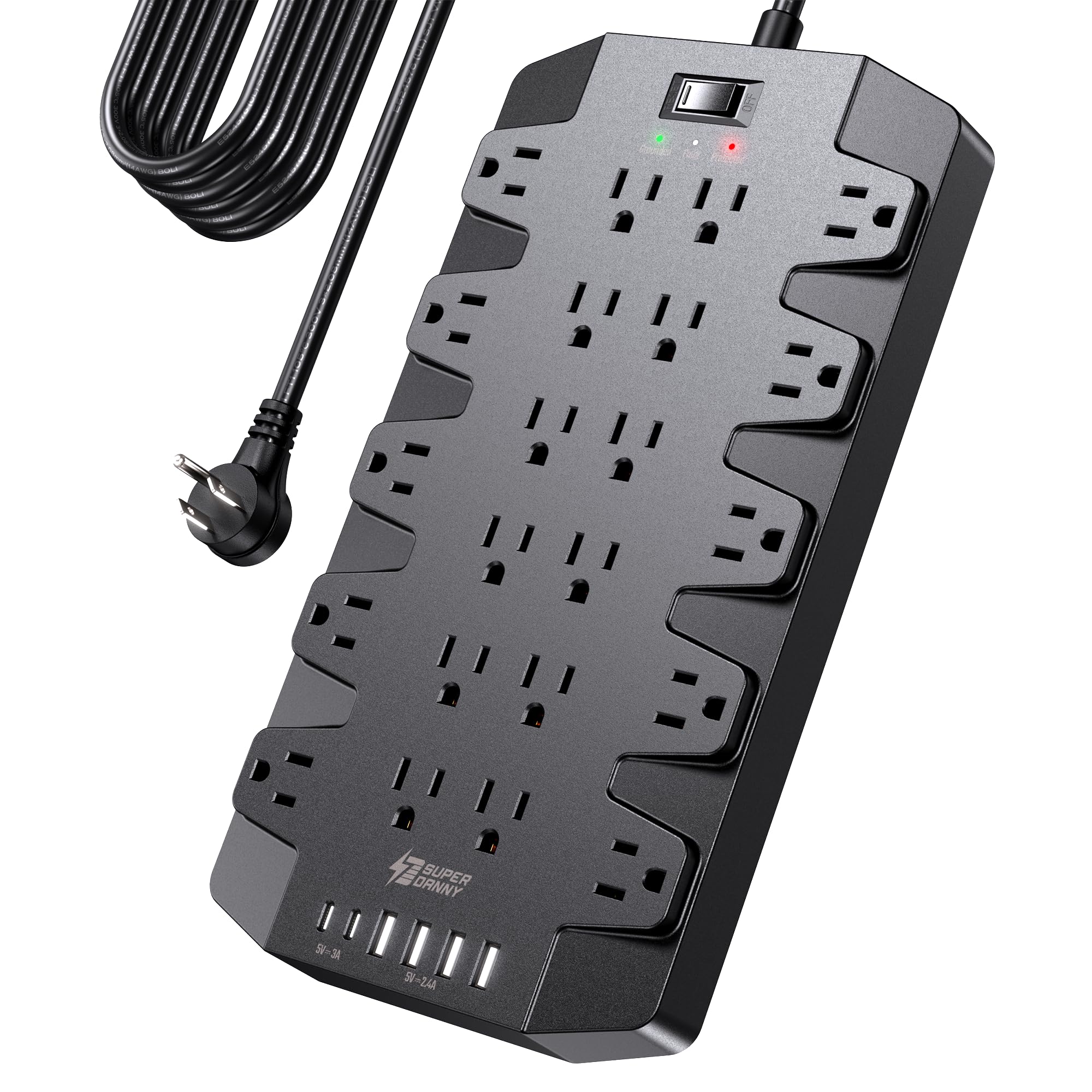 15 Ft Extension Cord Power Strips With Surge Protection, Superdanny Surge Protector With 22 Outlets, 2 Usb C And 4 Usb A, 2100J,