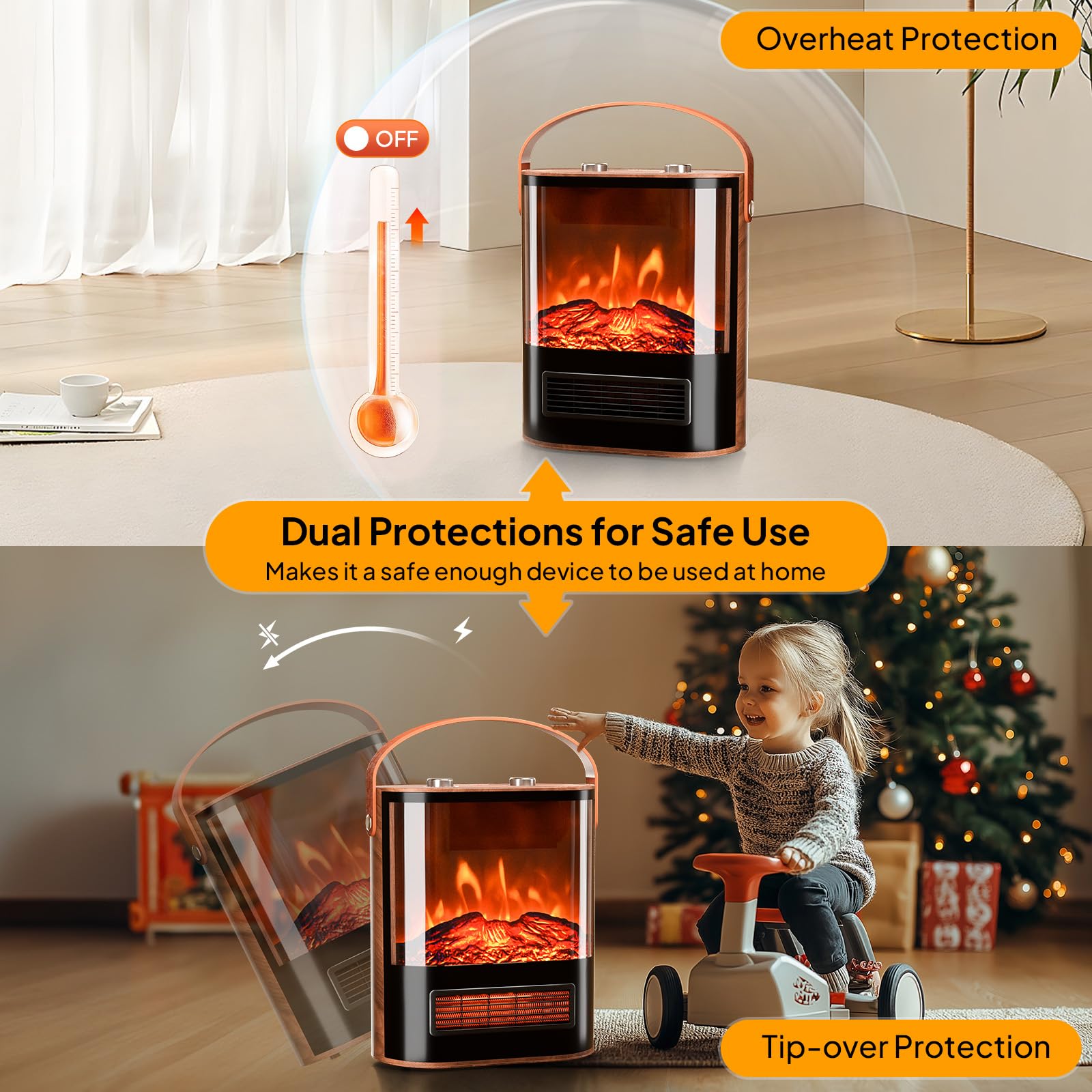 Rovsun 1500W Electric Fireplace Stove With Realistic Flame Effect, 16''H Portable Freestanding Tabletop Mini Heater With 4 Heat