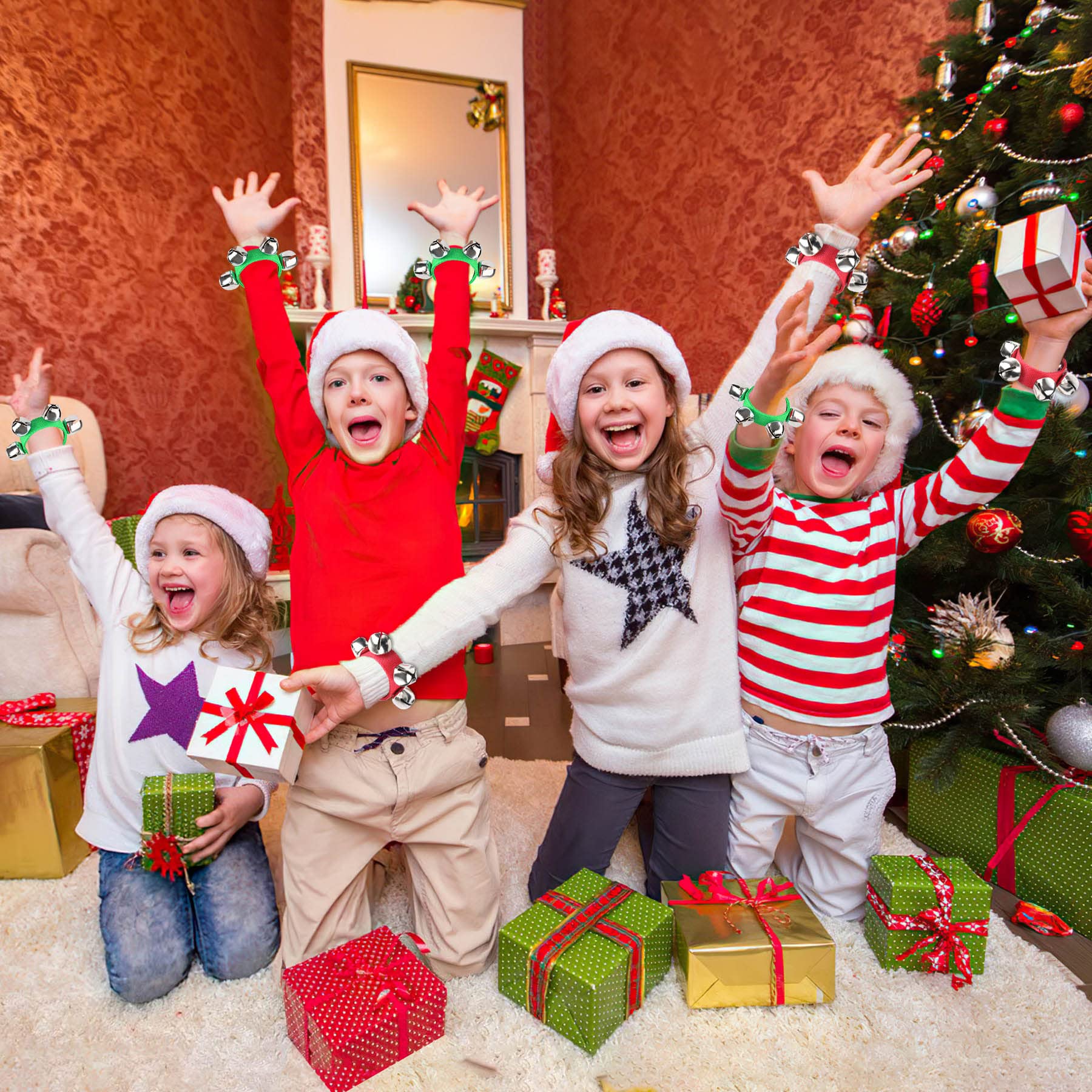 Augshy 24Pcs Christmas Wrist Band Jingle Bells Bracelets Jingle Bell Musical Instruments For Kids Christmas Party Favors (12 Red