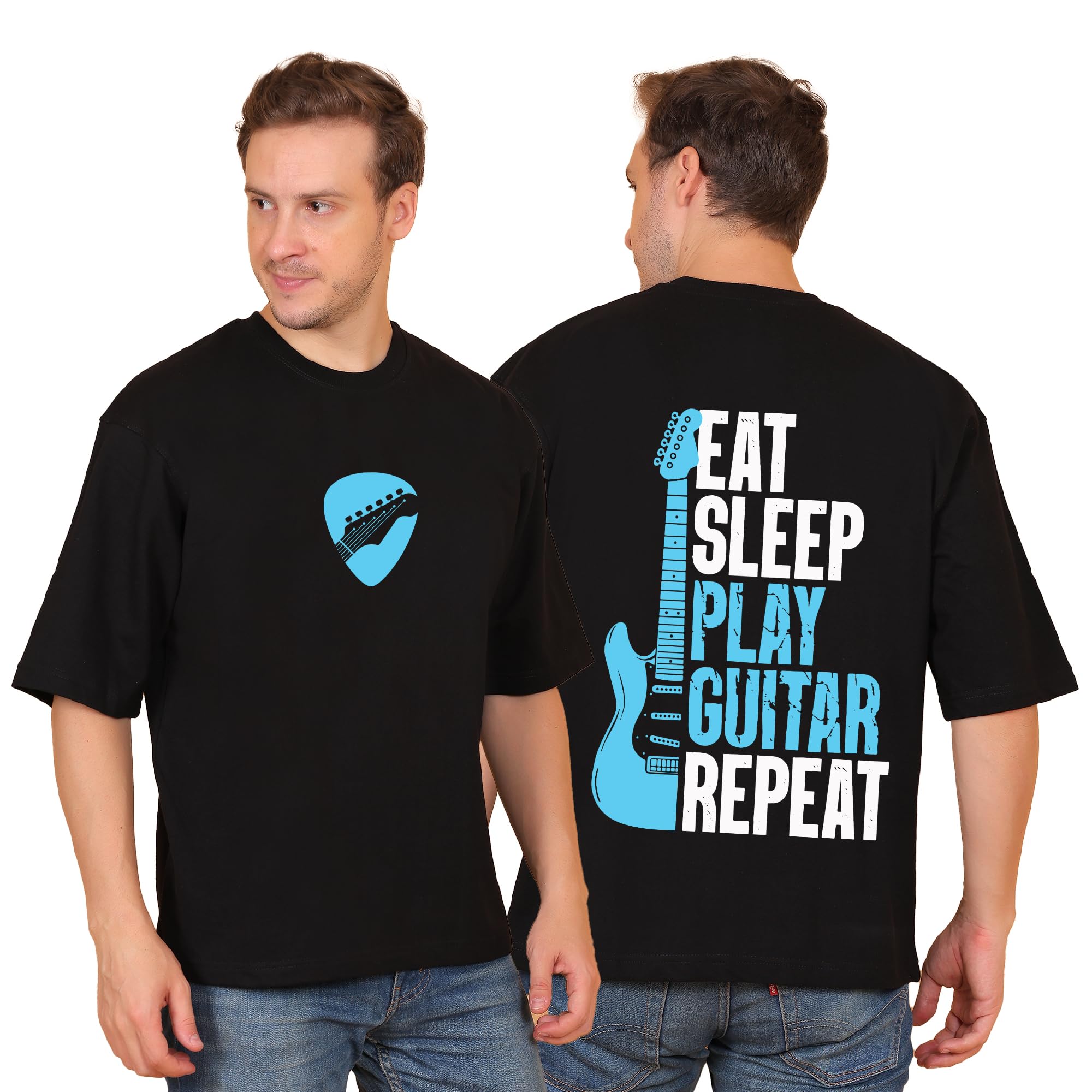Awara Bacha Eat Sleep Play Guitar Repeat Oversized Black Tshirt Guitar Pick Design For Men And Women Music Lover Gift Drop Shoul