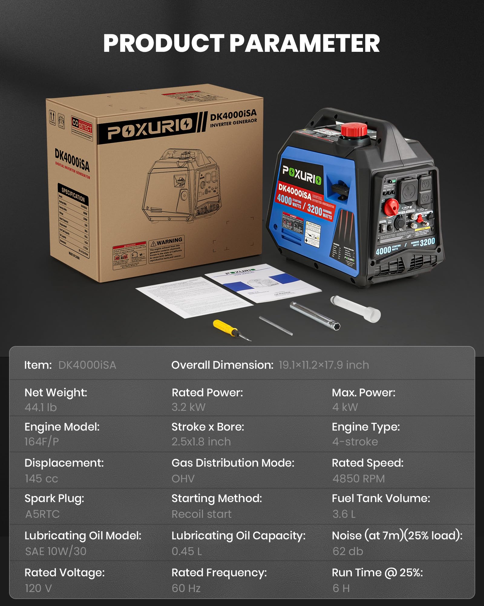 4000 Watt Inverter Generator, 120V Gas Powered Generator Superquiet, Remote Start/Electric Start/Rv Ready/Epa For Rv, Camping An