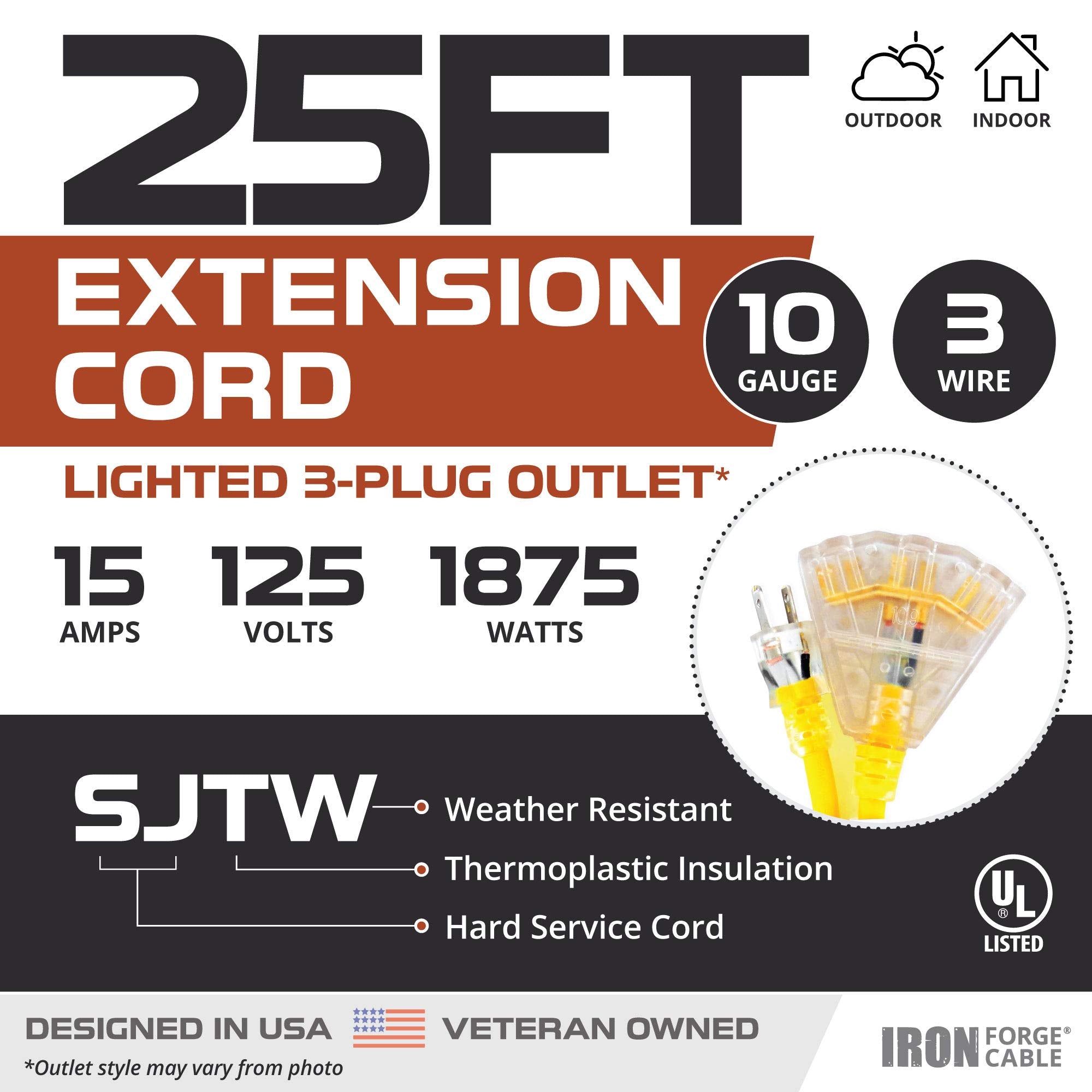 Iron Forge Cable 25 Foot Lighted Outdoor Extension Cord With 3 Electrical Power Outlets   10/3 Sjtw Yellow 10 Gauge Extension Ca