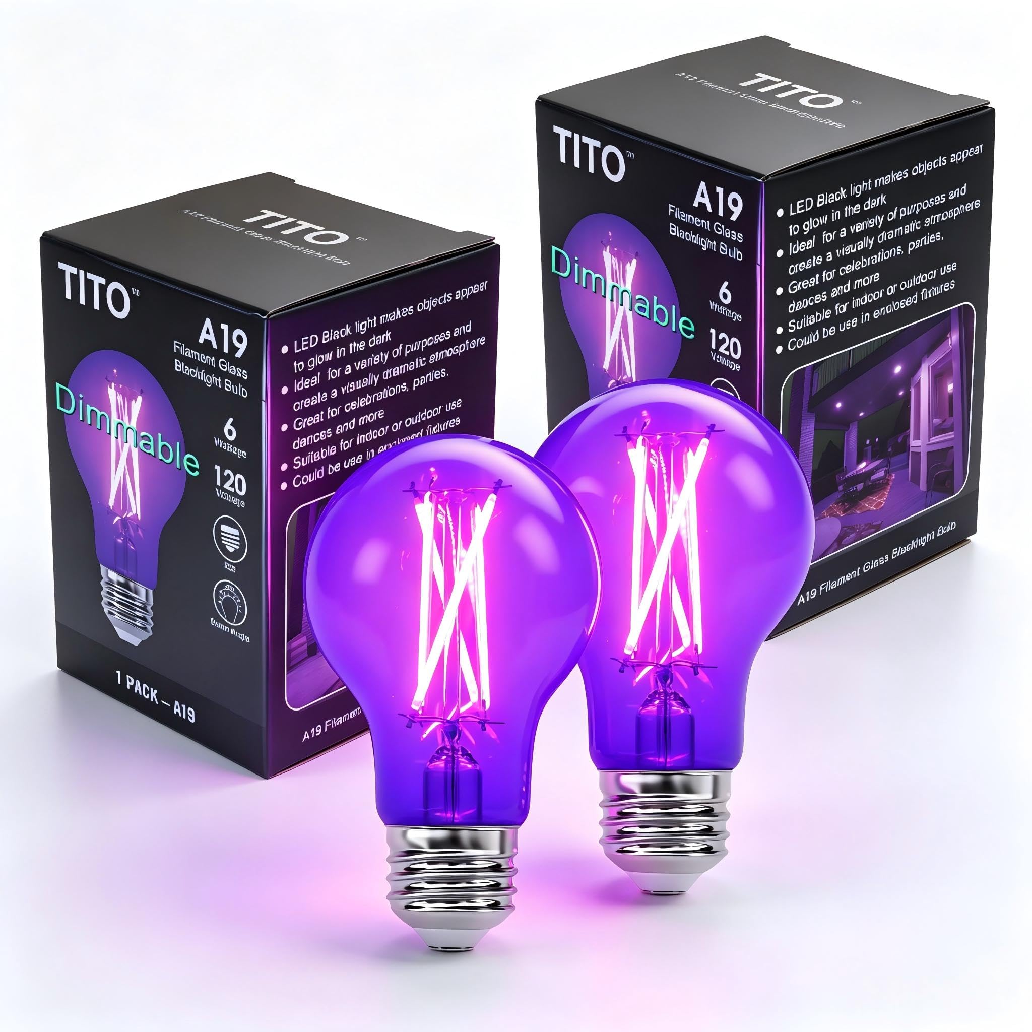 TITO 2 Pack E26 A19 Dimmable Filament LED Black Light Bulbs, UVA 395nm 6W Blacklight Bulb 100W Equivalent, Black Light Bulb Glow