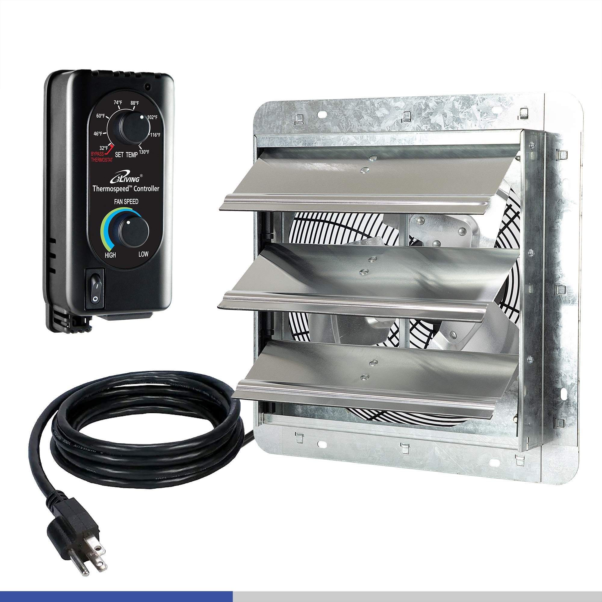 Iliving 10'' Wall Mounted Shutter Exhaust Fan, Automatic Shutter, With Thermostat And Variable Speed Controller, 65W, 820 Cfm, 1