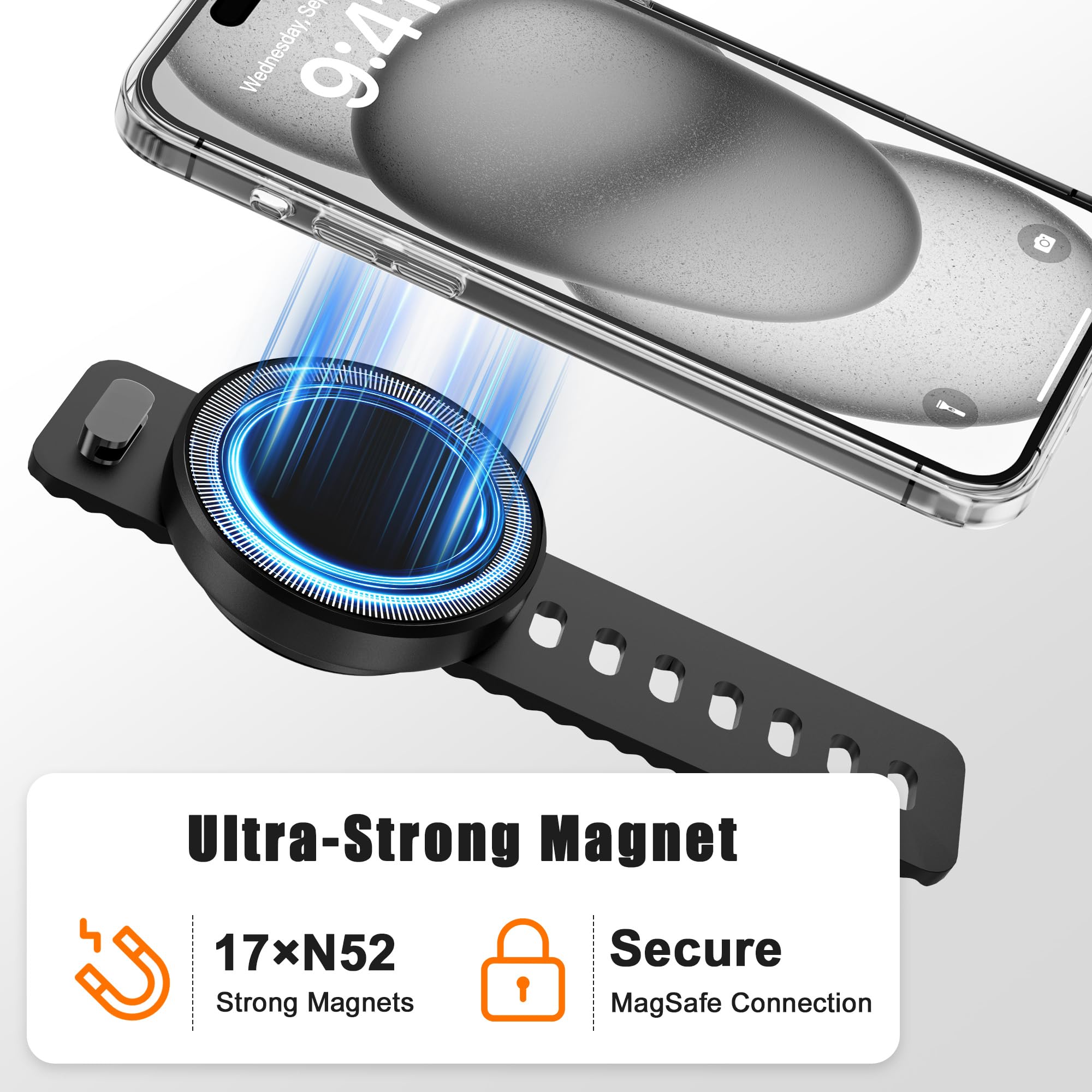 Ninefatics Gym Fitness Phone Mount For Mag-Safe, Magnetic Bike & Treadmill Holder With 17 X N52 Strong Magnets, Adjustable Silic