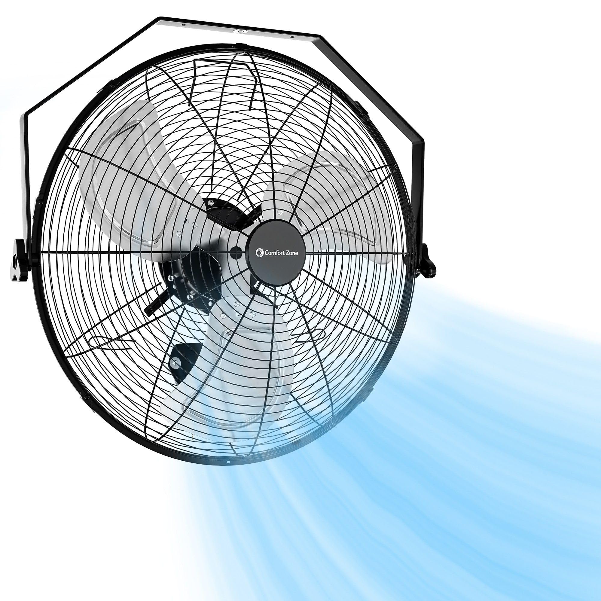 Comfort Zone 20    Industrial Wall Mount or Floor Fan, 3 Speeds, Angle Adjustment, All-Metal Construction, & Steel Mounting Brac