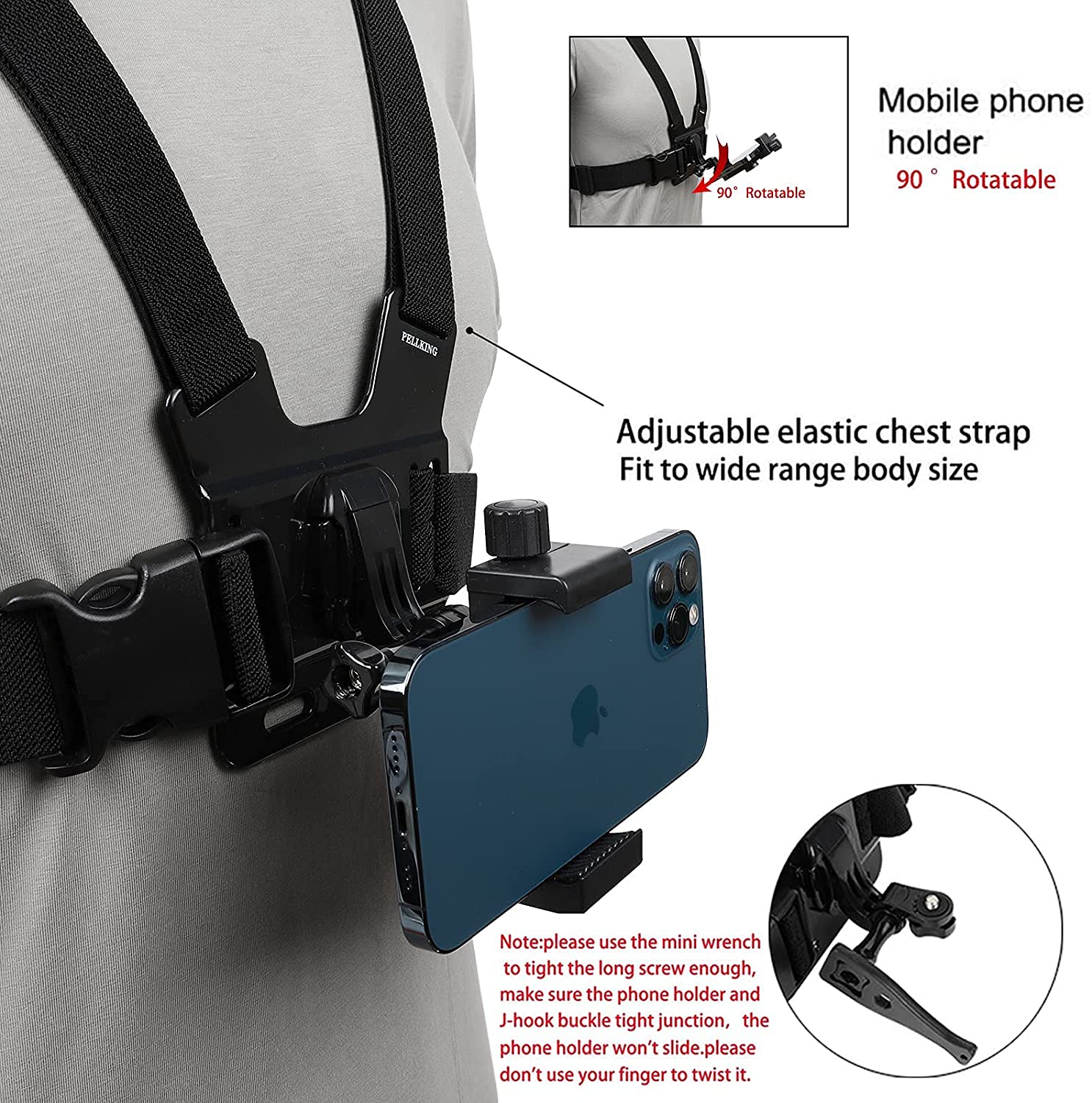 Pellking Mobile Phone Chest Mount Harness Strap Holder Cell Phone Clip Action Camera Pov For Samsung Iphone Plus Etc