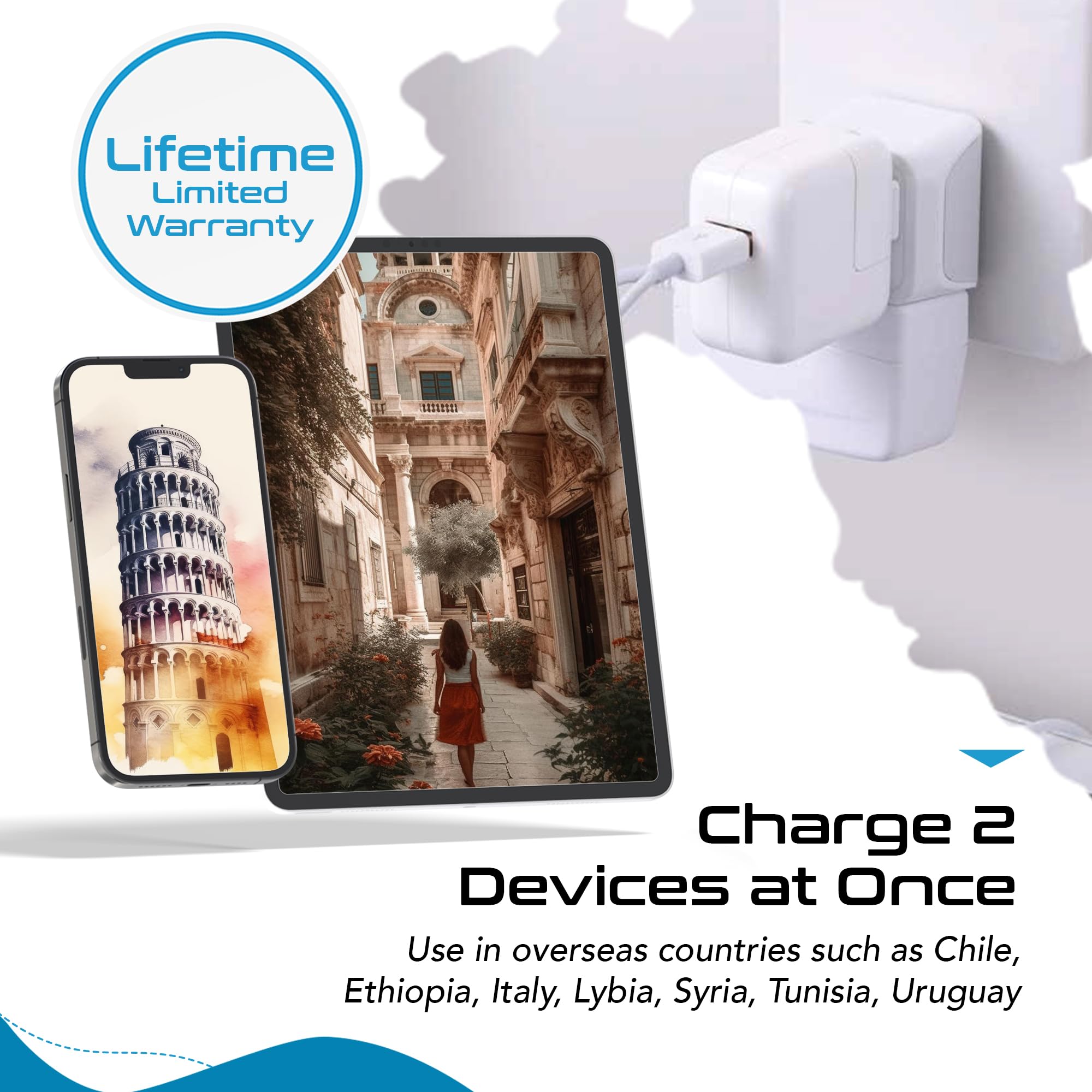 Ceptics Italy Travel Plug Adapter, Chile Plug Adapter With Dual Usa Input, Compact Type L Plug Adapter, Safe Grounded Plug, Perf