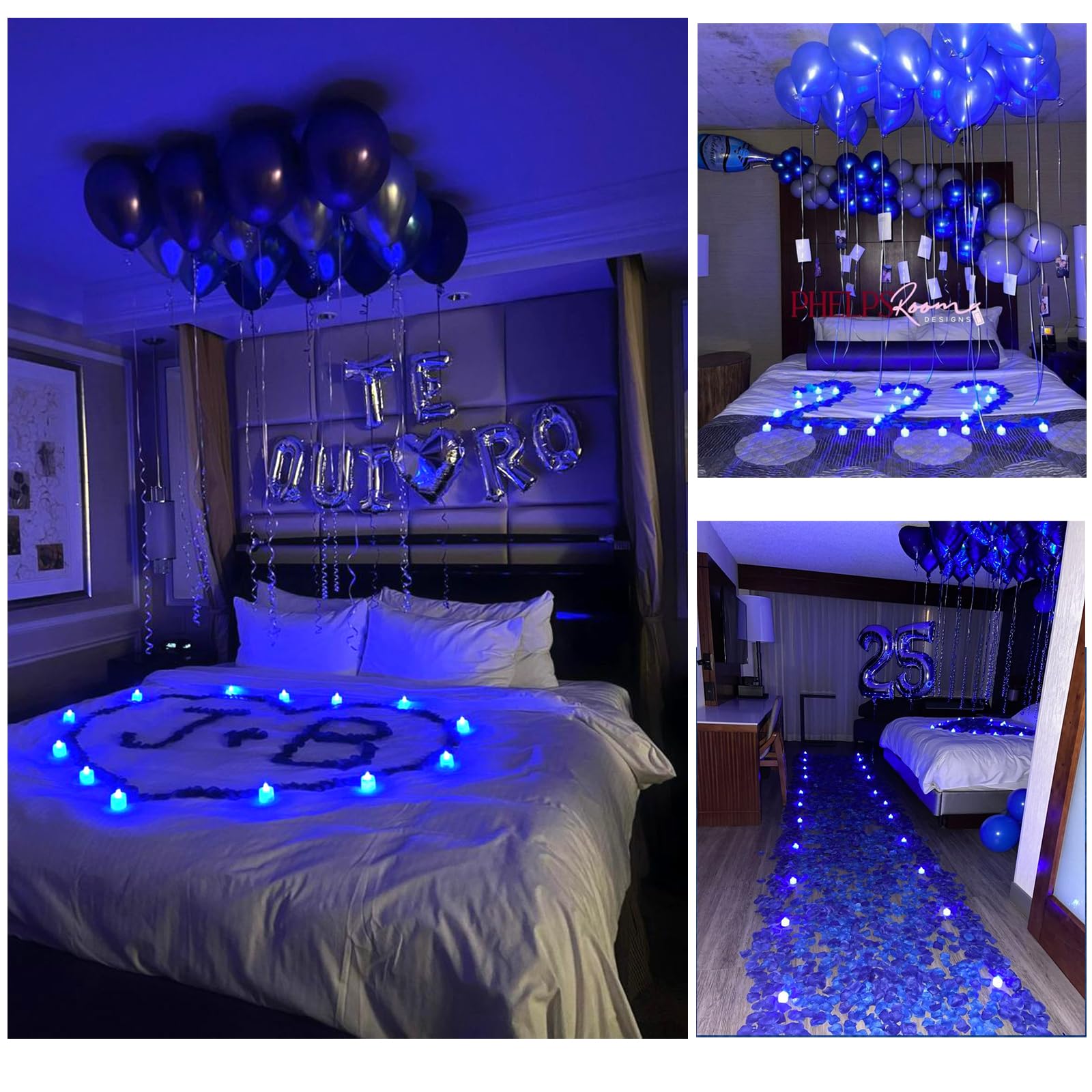 Pyrrhiax 2000 Pieces Blue Artificial Rose Petals And 24 Pieces Led Tea Lights Candles,Romantic Night Decoration Set, Romantic Gi