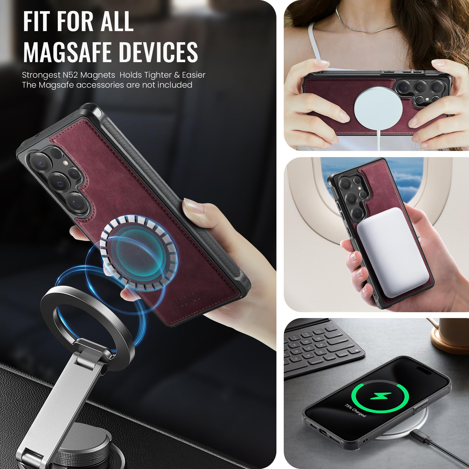Usroom Compatible With Magsafe For Samsung Galaxy S25 Ultra Wallet Case Magnetic Card Holder, Rfid Blocking Detachable Kickstand