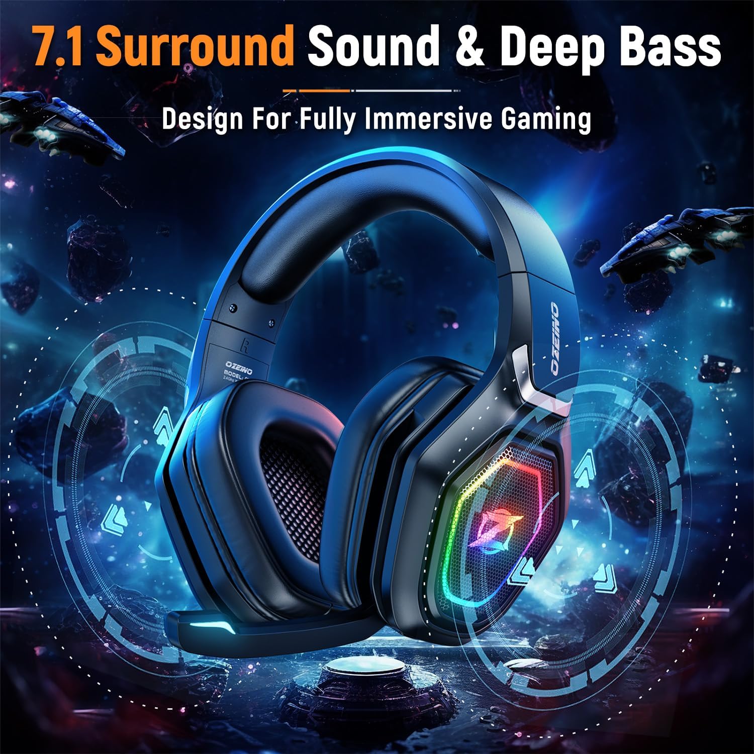 Ozeino Wireless Gaming Headset - 2.4GHz, USB & Type C, RGB Lighting, 30h Battery Life, Black - Compatible with PS5, PS4, PC, Phone